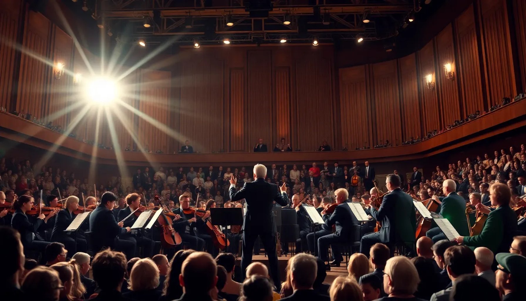 Orquesta Panorama tocando en un escenario iluminado con músicos y público
