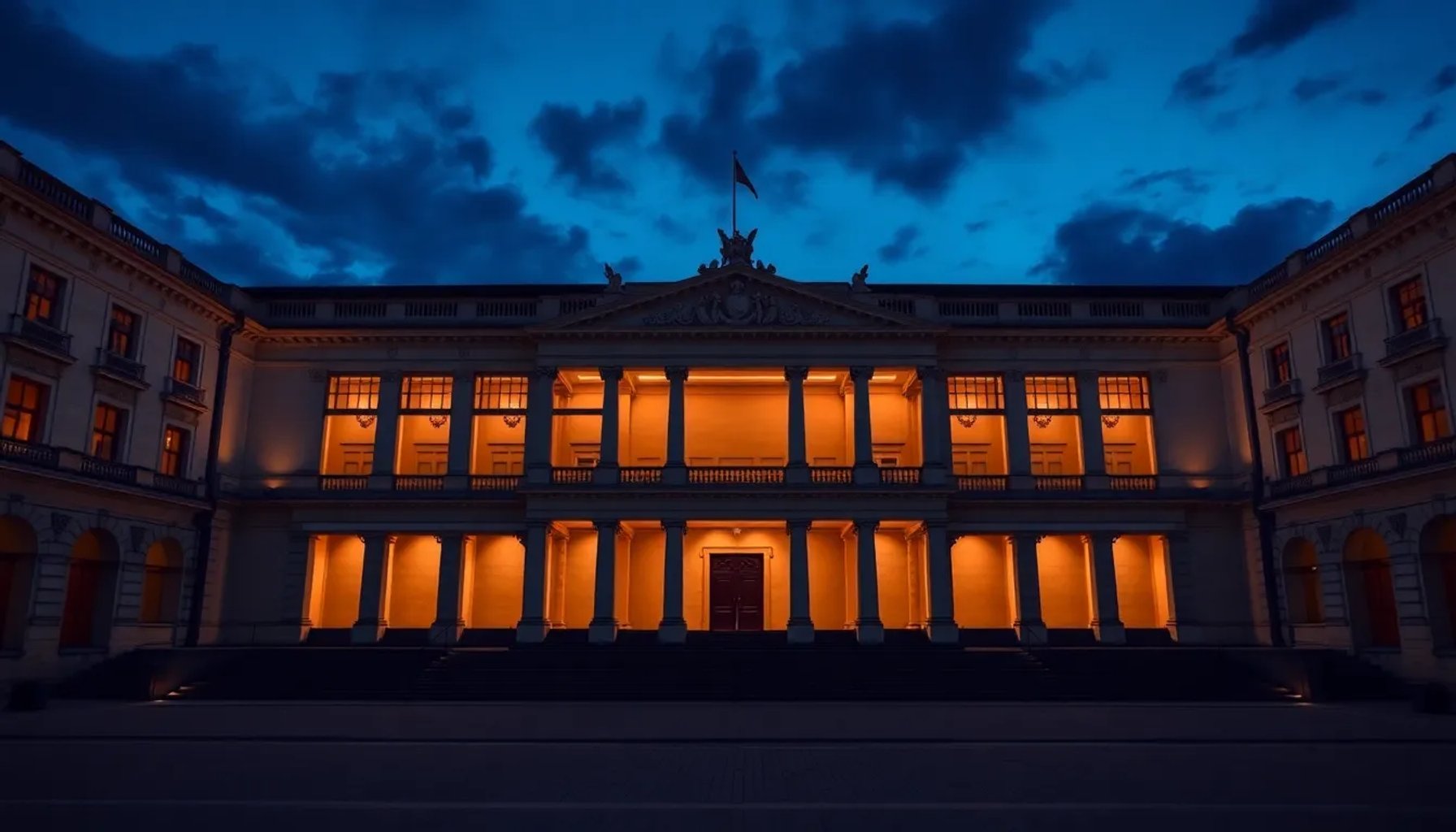 Imagen del edificio del Congreso español al atardecer, con luces tenues que simbolizan la crisis política