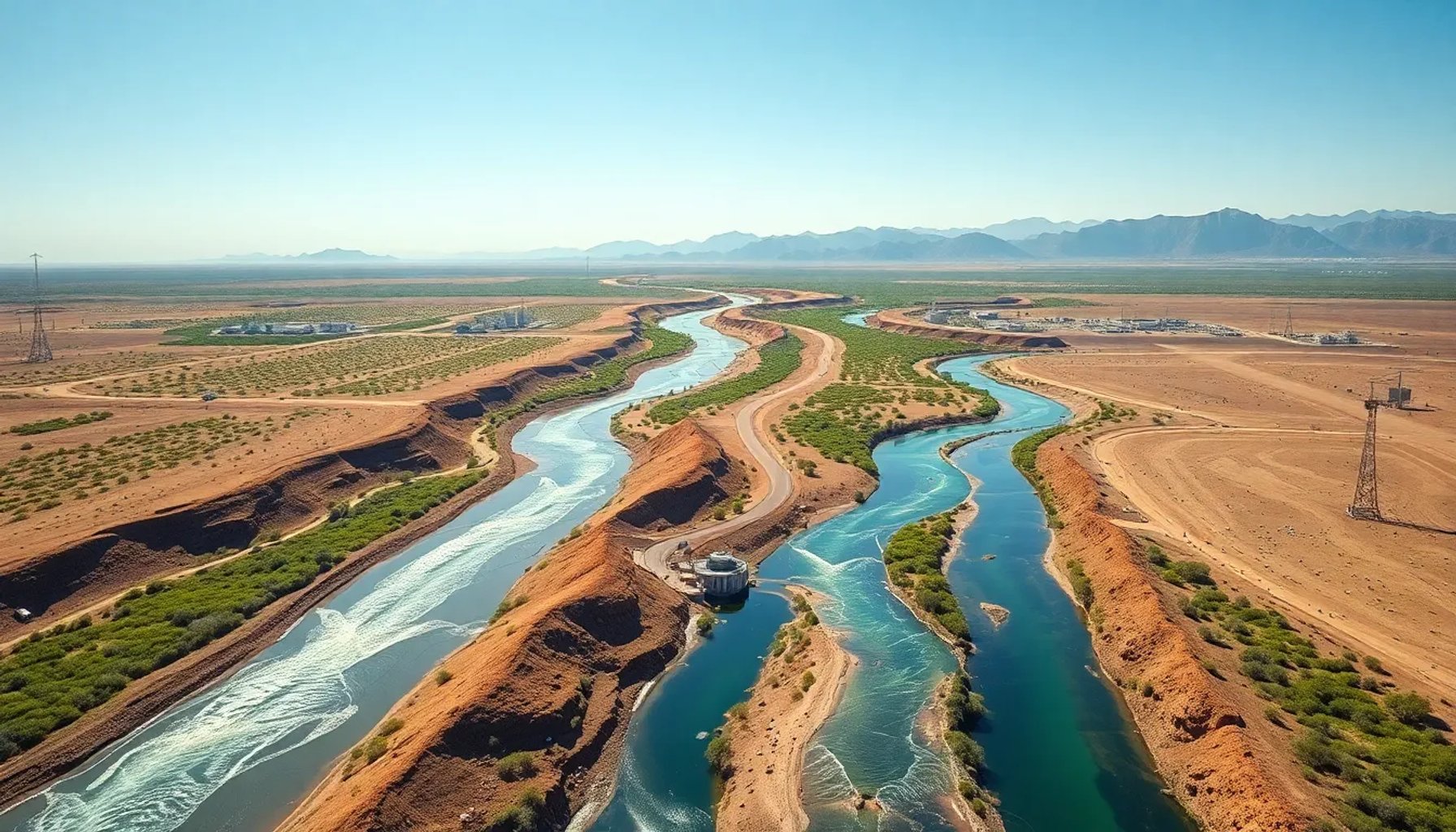 Vista panorámica del río artificial de 145 km con agua fluyendo entre montañas y vegetación renovada