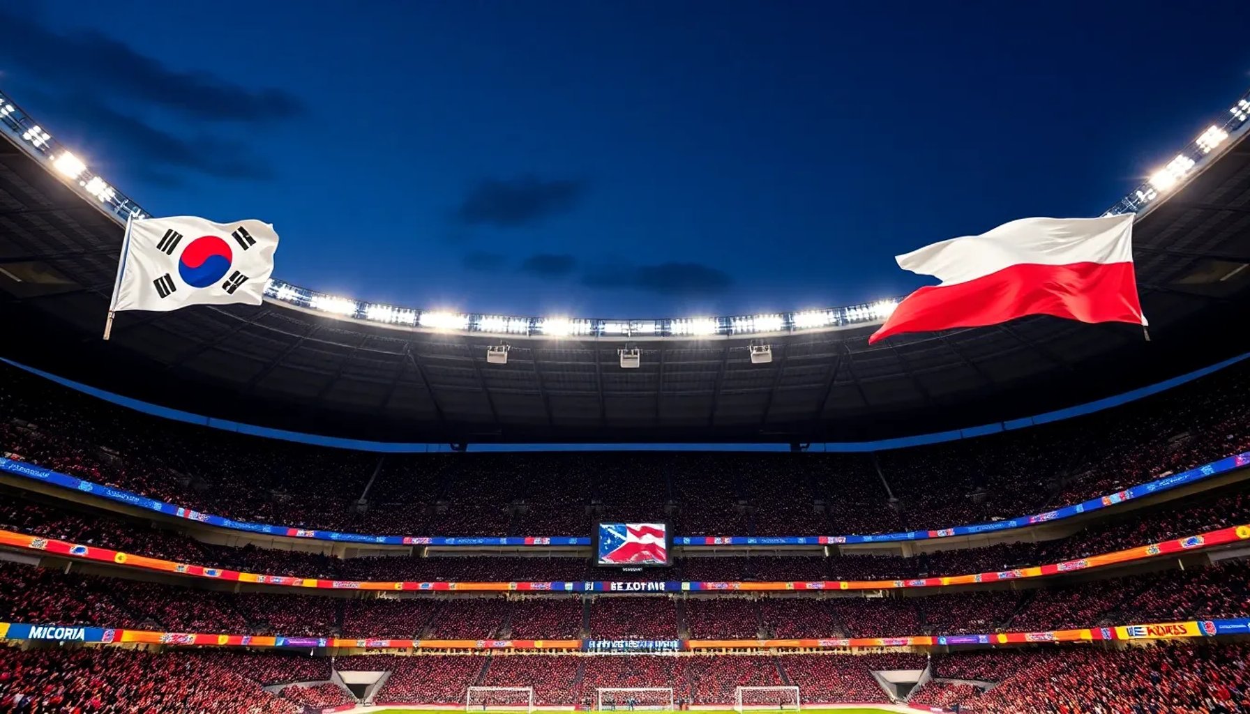 Estadio Akron iluminado en Guadalajara con banderas de Corea del Sur y República Checa ondeando en el cielo nocturno
