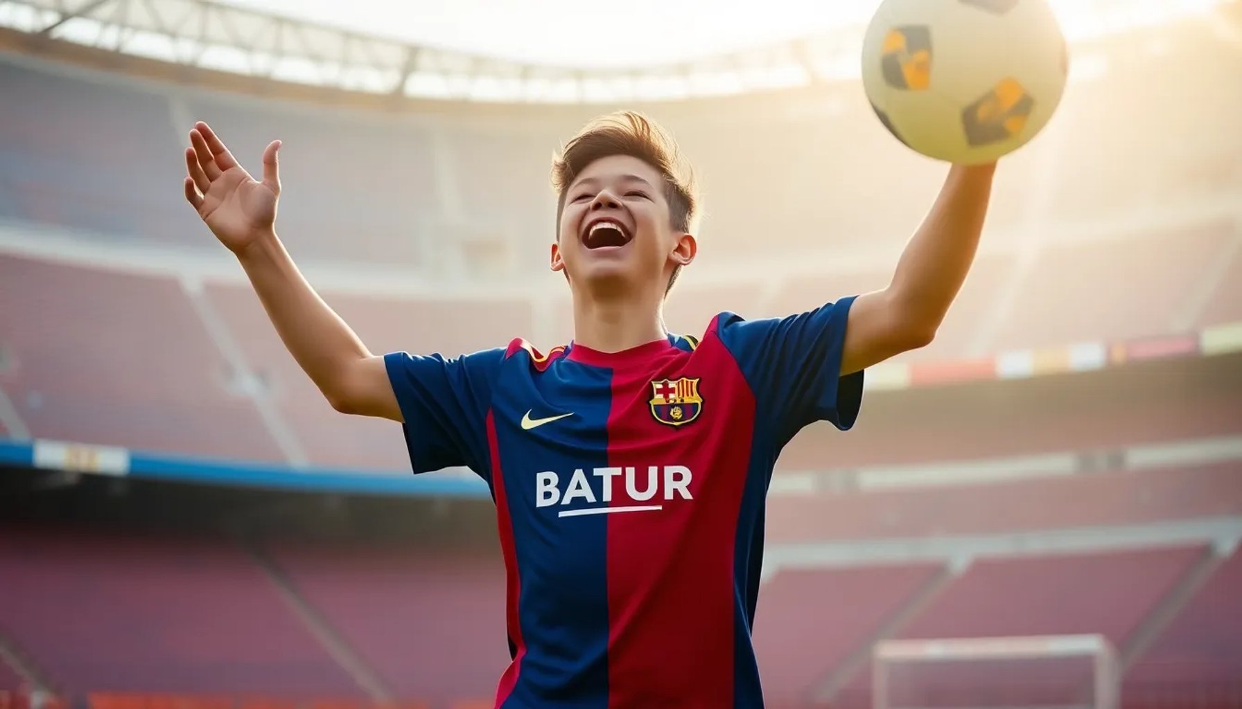 Joven futbolista de La Masia celebrando con la camiseta del FC Barcelona
