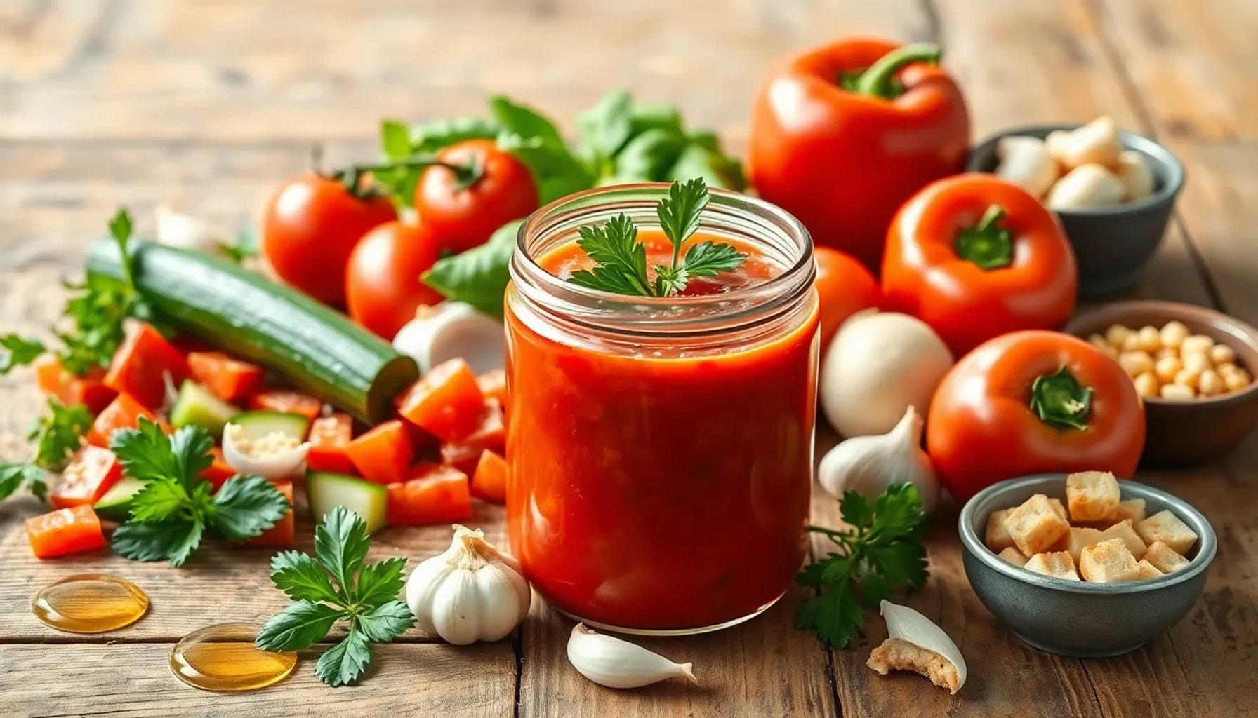 Tarro de gazpacho rojo sobre mesa de madera con verduras frescas alrededor
