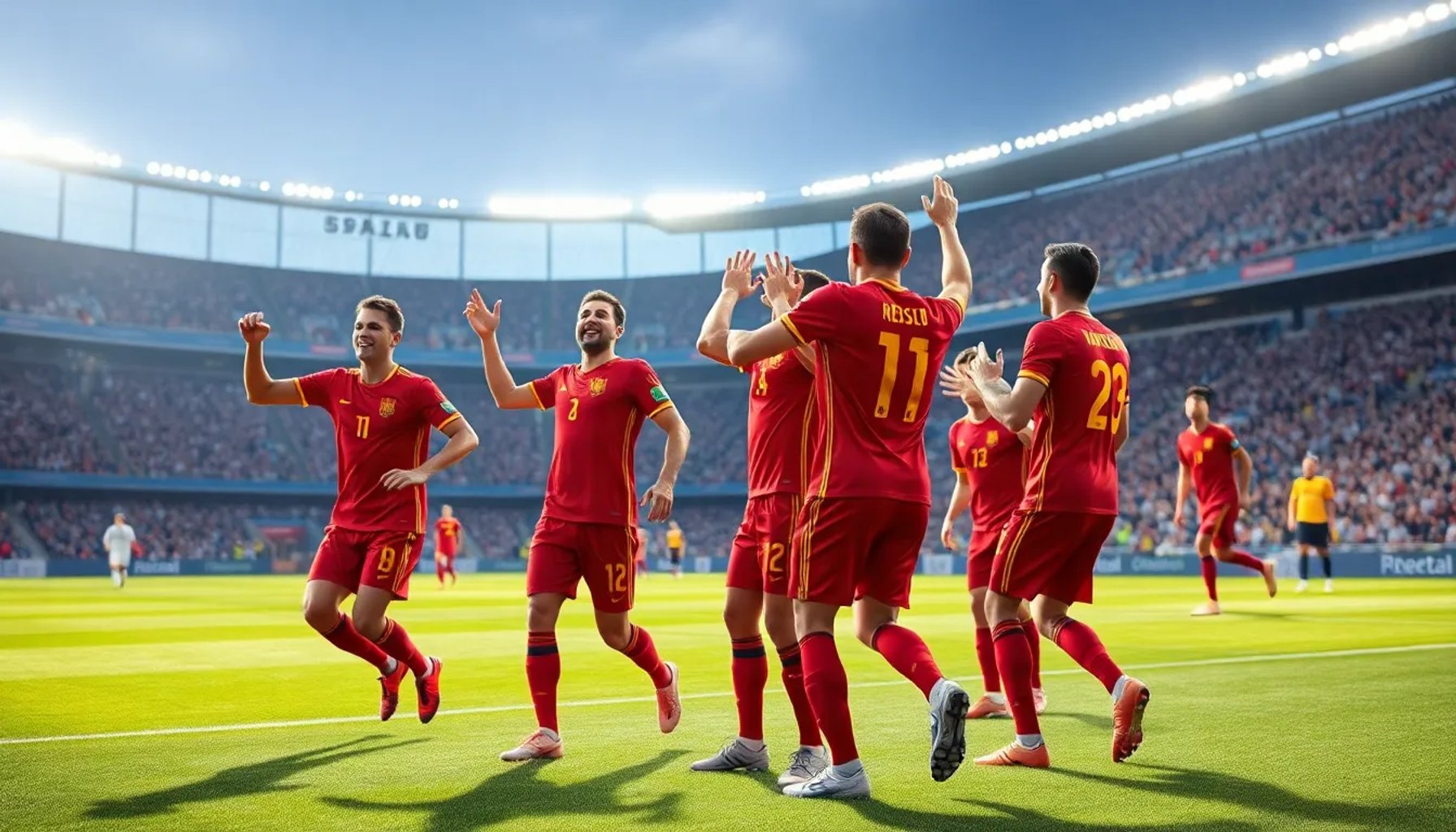 Jugadores de la selección española celebrando un gol en un estadio lleno de aficionados