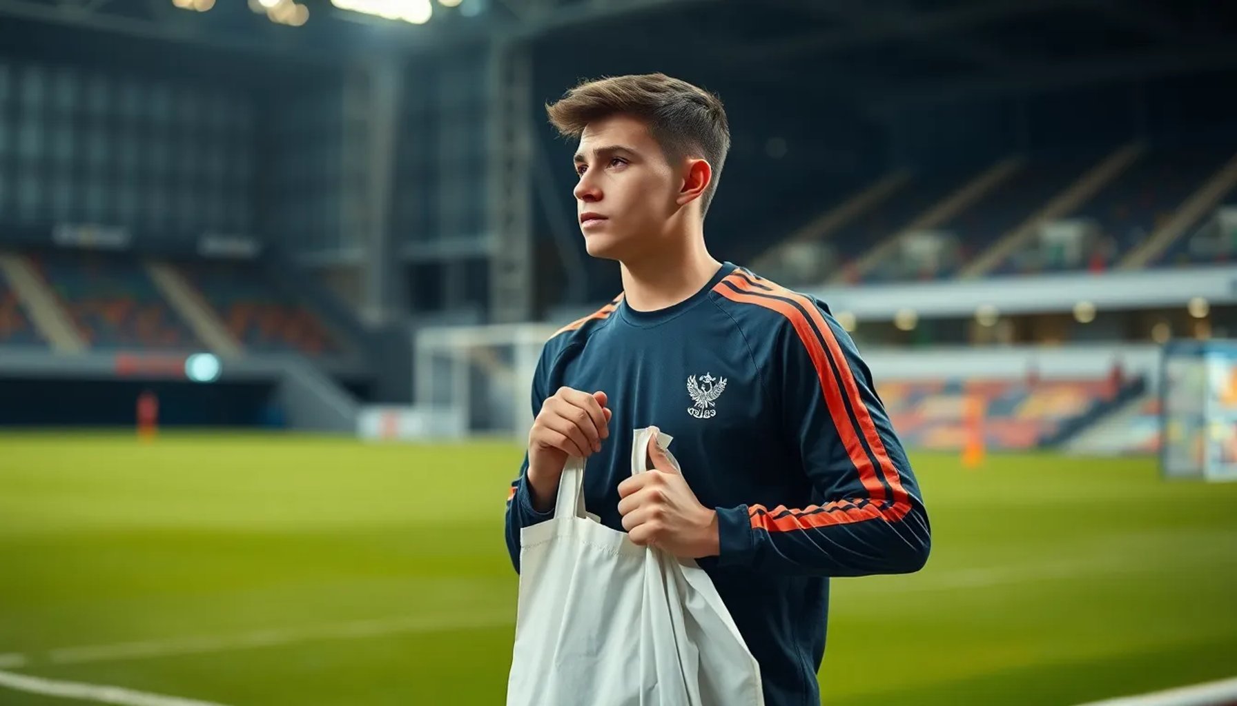 Joven futbolista de cantera mirando hacia el campo mientras sostiene una bolsa de compra de un supermercado