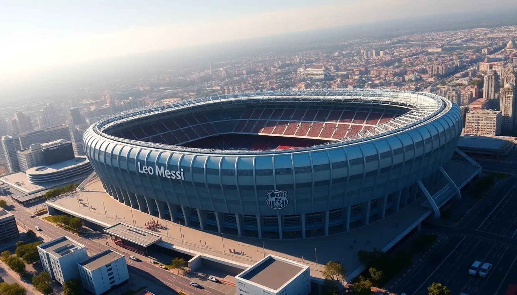 Vista aérea de un estadio moderno con el nombre Leo Messi en su fachada, rodeado de ciudad y cielo despejado