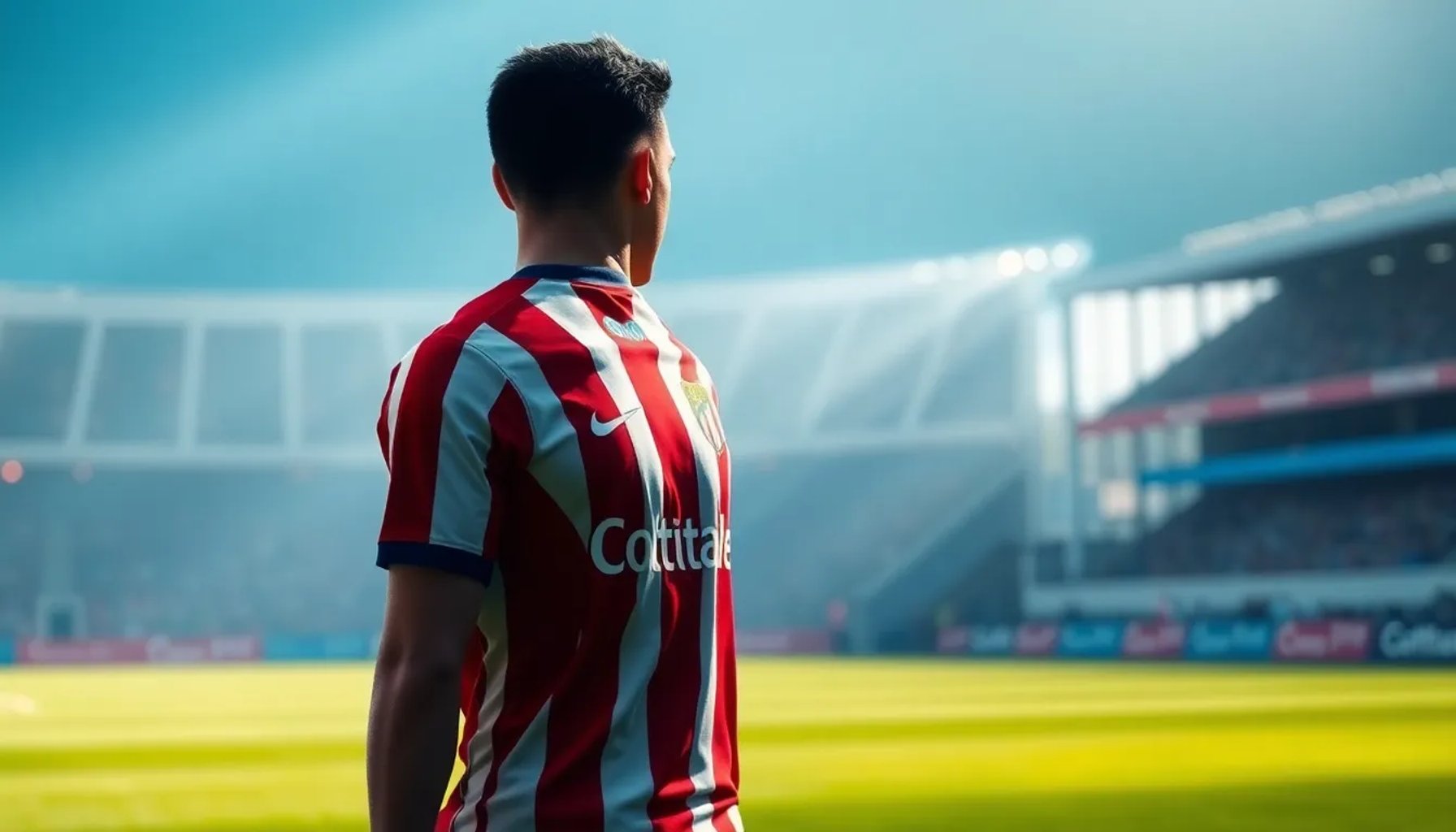 Jugador de fútbol con la camiseta del Atlético de Madrid posicionado como lateral izquierdo en el campo