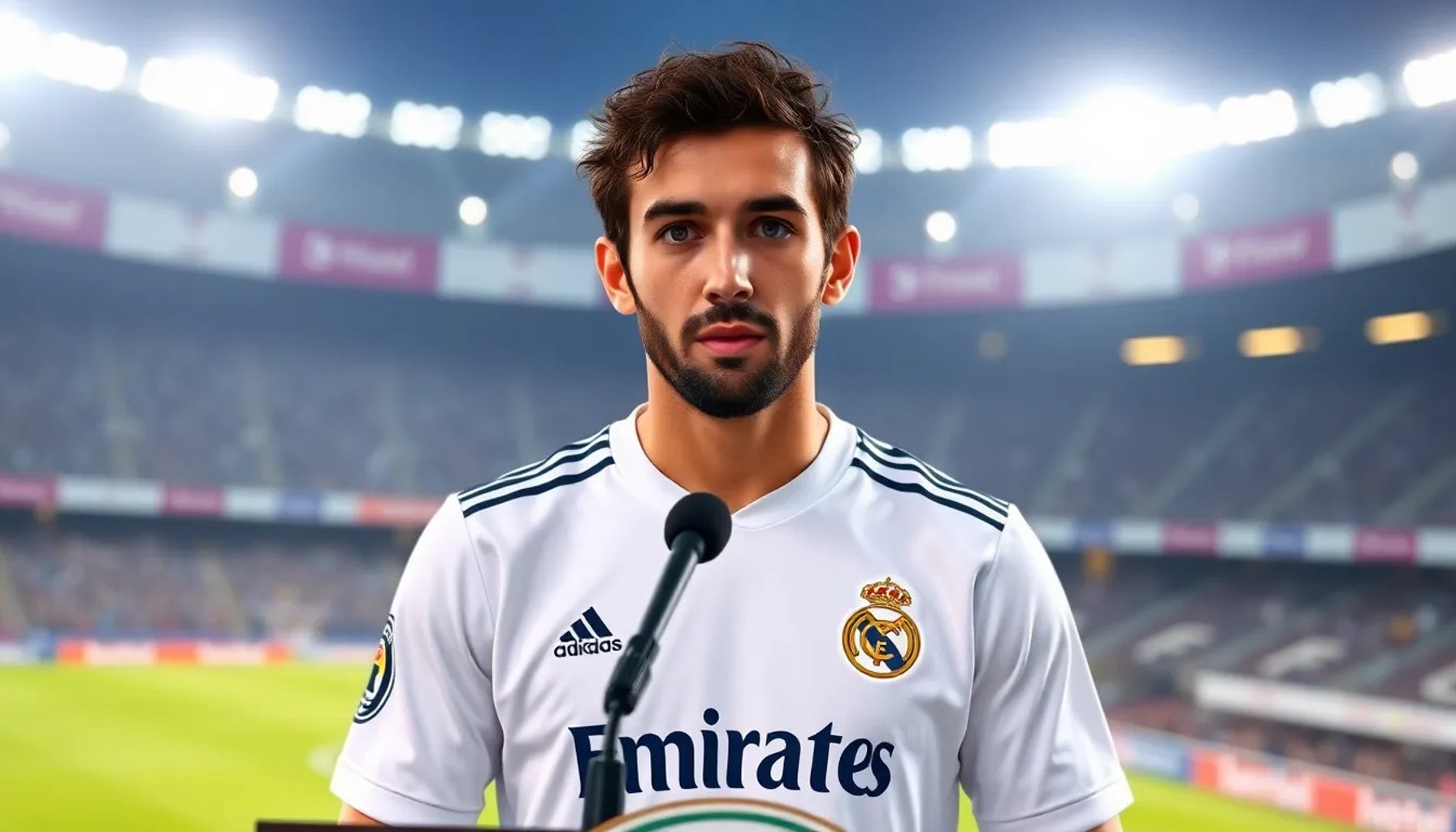 Marc Cucurella en camiseta blanca del Real Madrid durante una rueda de prensa, sonriendo y mirando a la cámara