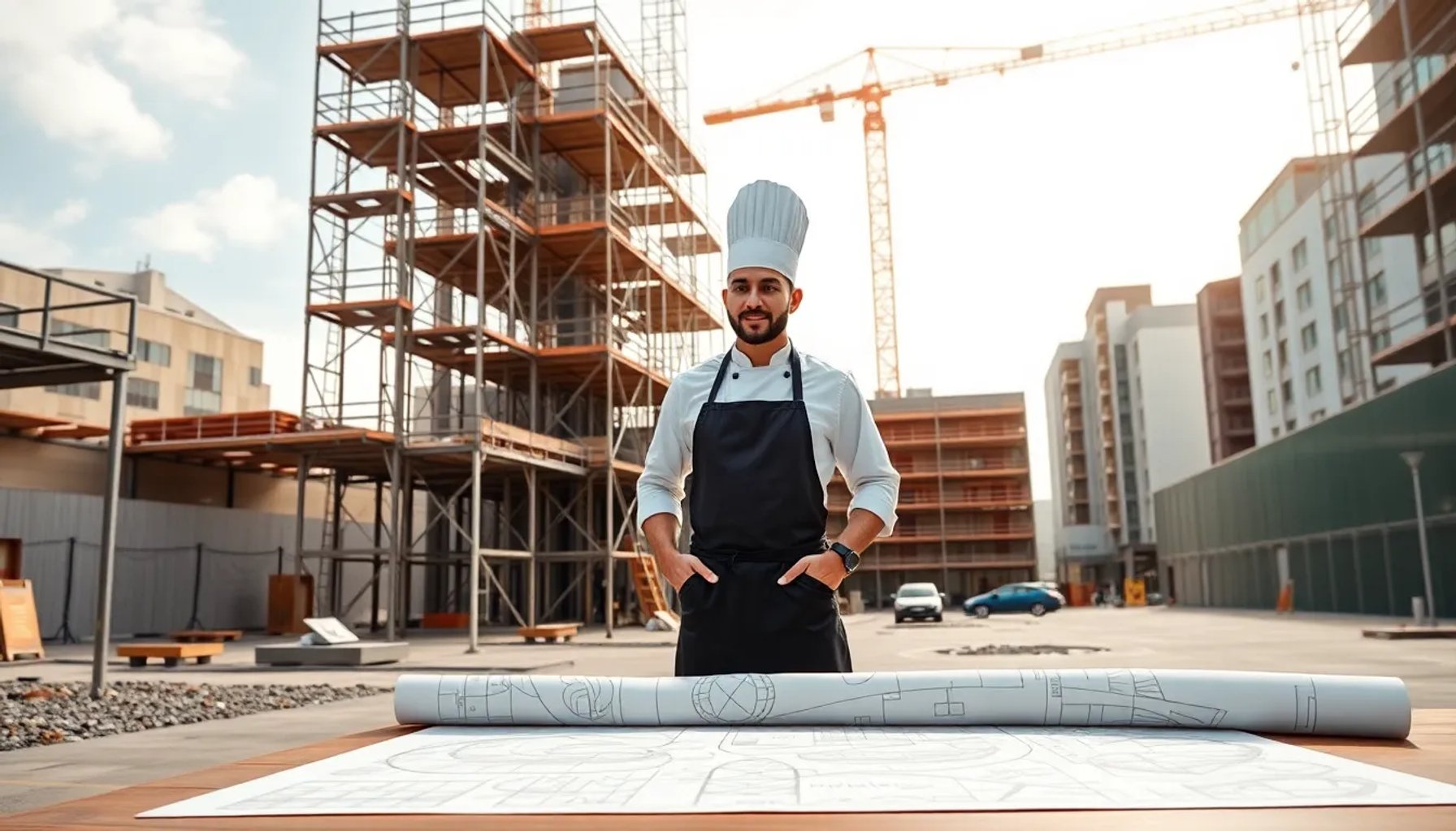Dabiz Muñoz frente a la parcela adquirida en Boadilla, con planos del futuro restaurante de fondo