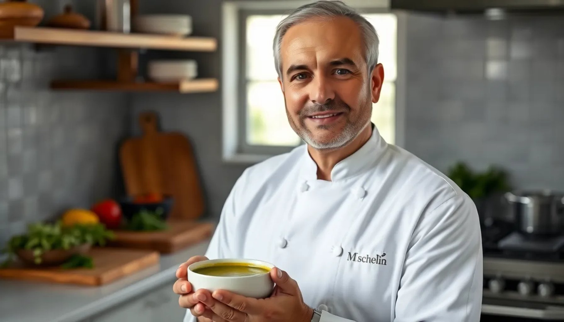 Chef Dani García en su cocina, sosteniendo un tazón de chimichurri recién preparado sobre una tabla de madera