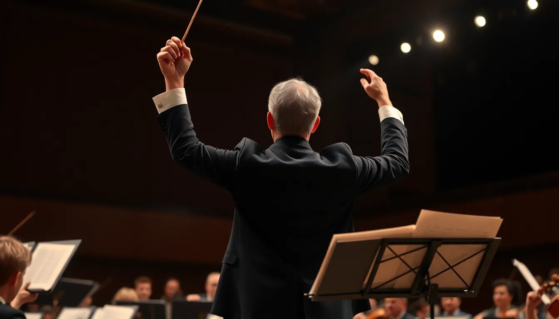 Conductor de orquesta alzando la batuta frente a una partitura, con luces de escenario al fondo