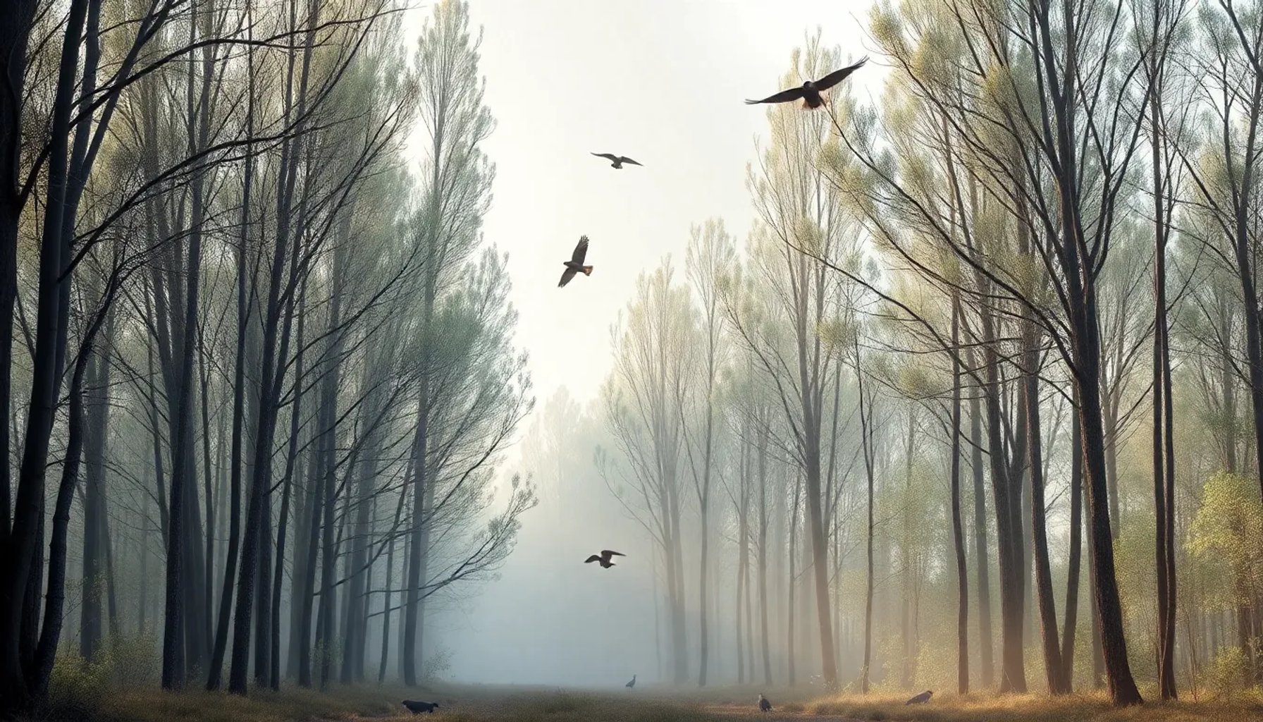 Bosque de eucaliptos en España con aves silvestres volando entre los troncos, mostrando la tensión entre la vegetación invasora y la avifauna local