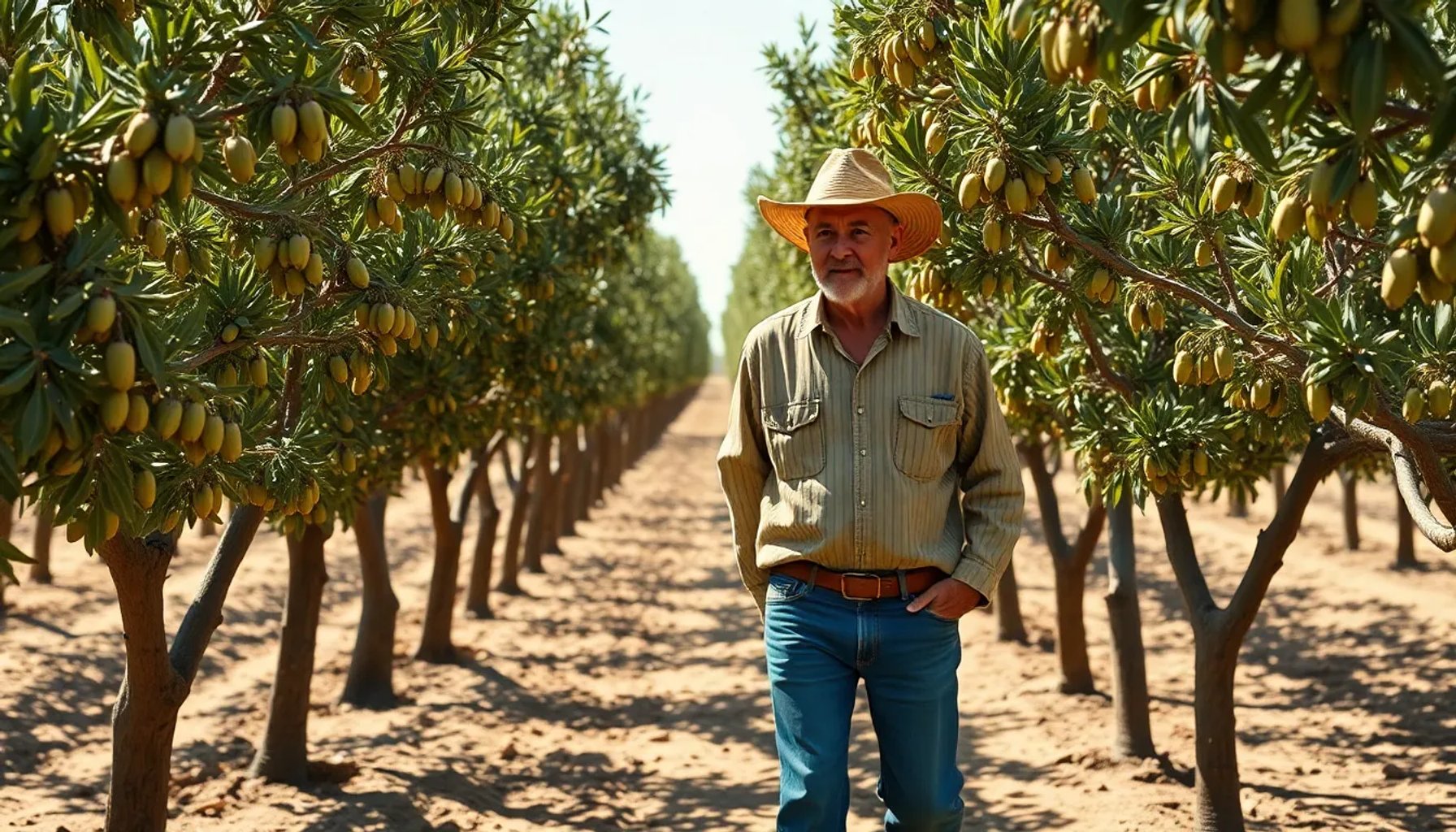Agricultor inspeccionando un árbol de pistacho en una finca de Castilla-La Mancha bajo cielo claro