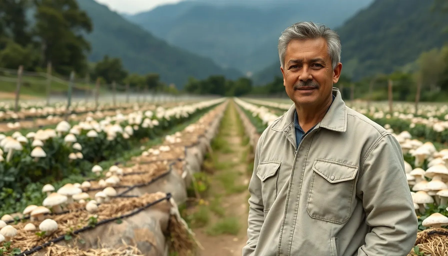 Empresario colombiano inspeccionando una granja de hongos bajo sombra natural en un valle montañoso