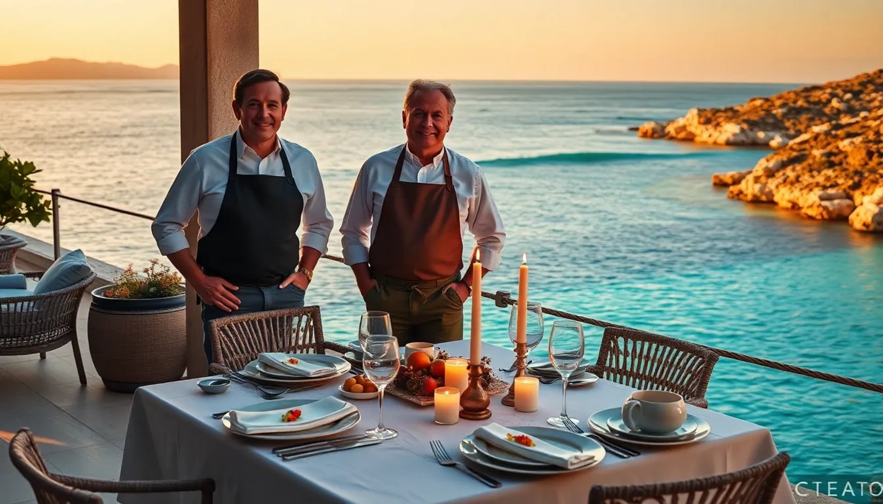 Chef Dabiz Muñoz y Ramón Freixa frente a una mesa al aire libre con vista al mar en una isla mediterránea