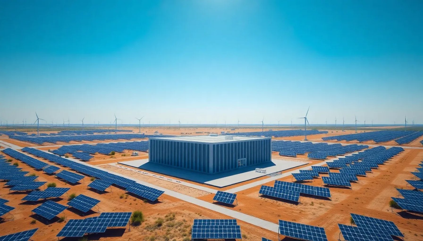 Vista aérea de un datacenters rodeado de paneles solares y turbinas eólicas bajo un cielo despejado