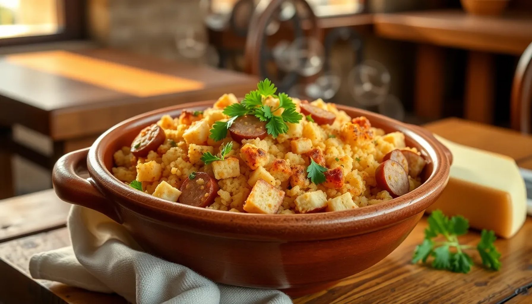 Plato tradicional de migas jaéneras con chorizo, panceta y pimentón servido en una cazuela de barro