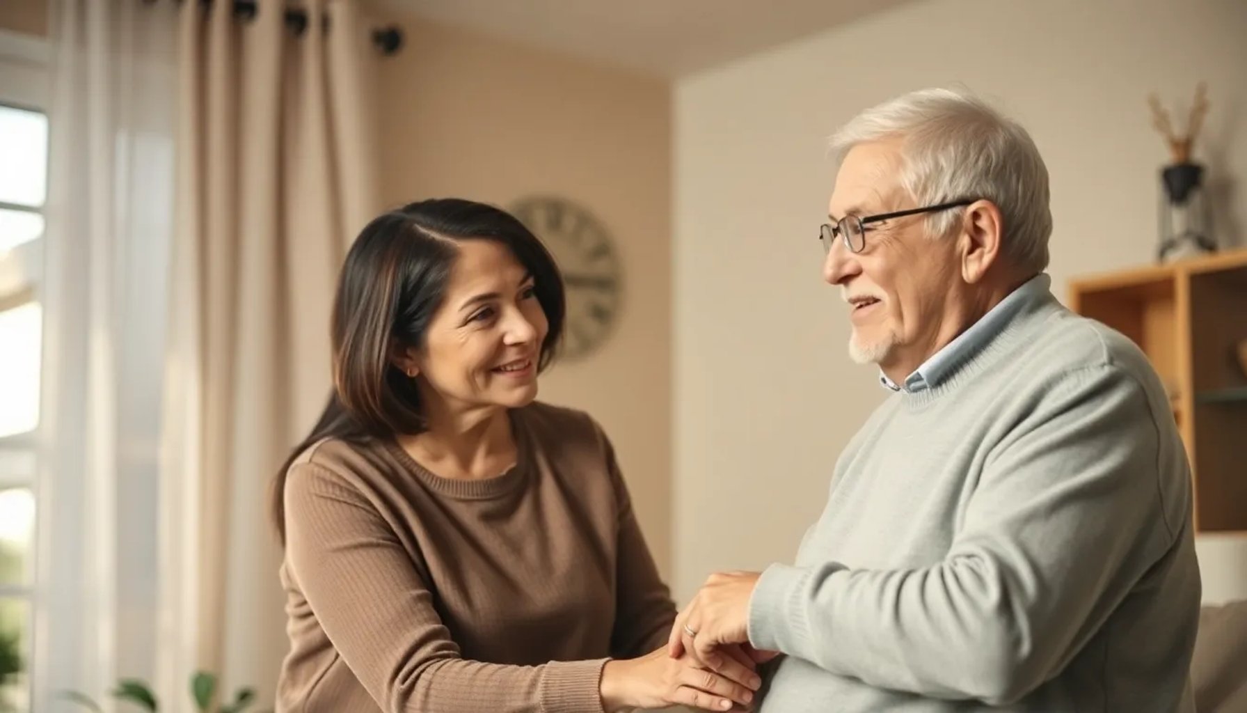 Padre mayor de 65 años recibiendo ayuda de su hijo adulto en casa