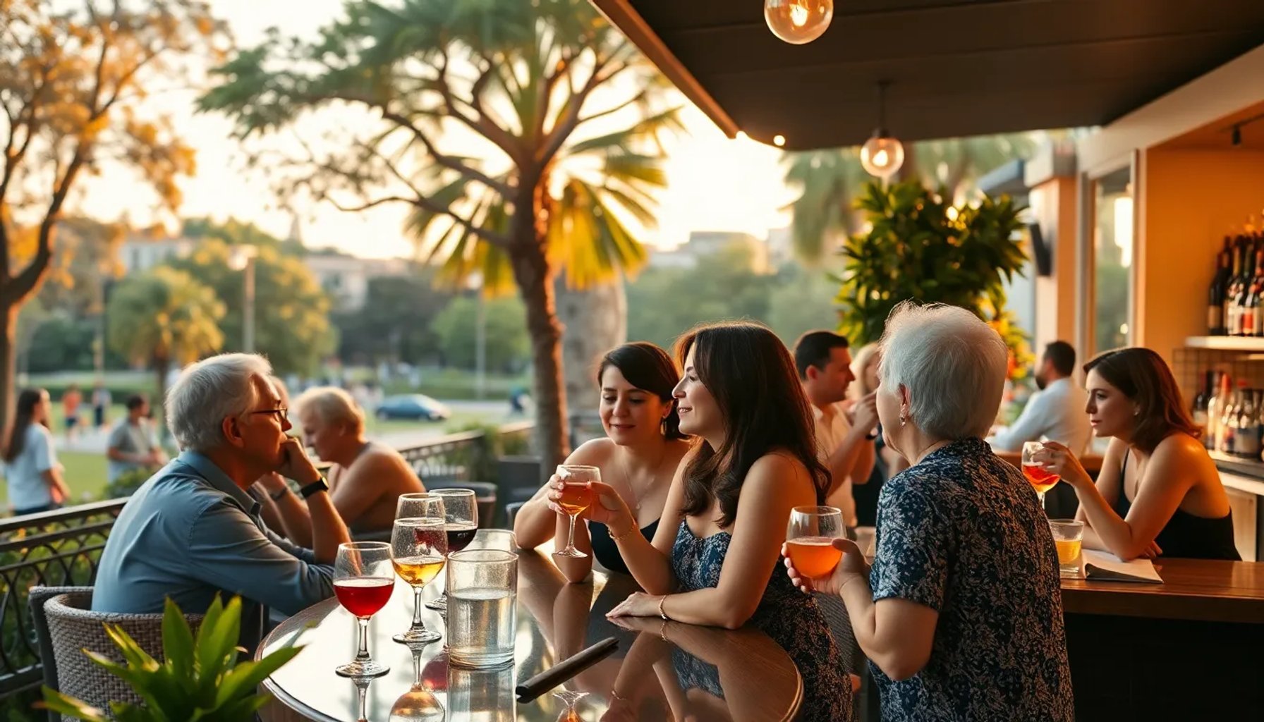 Grupo de personas de entre 40 y 50 años disfrutando de copas en una terraza de Madrid al atardecer