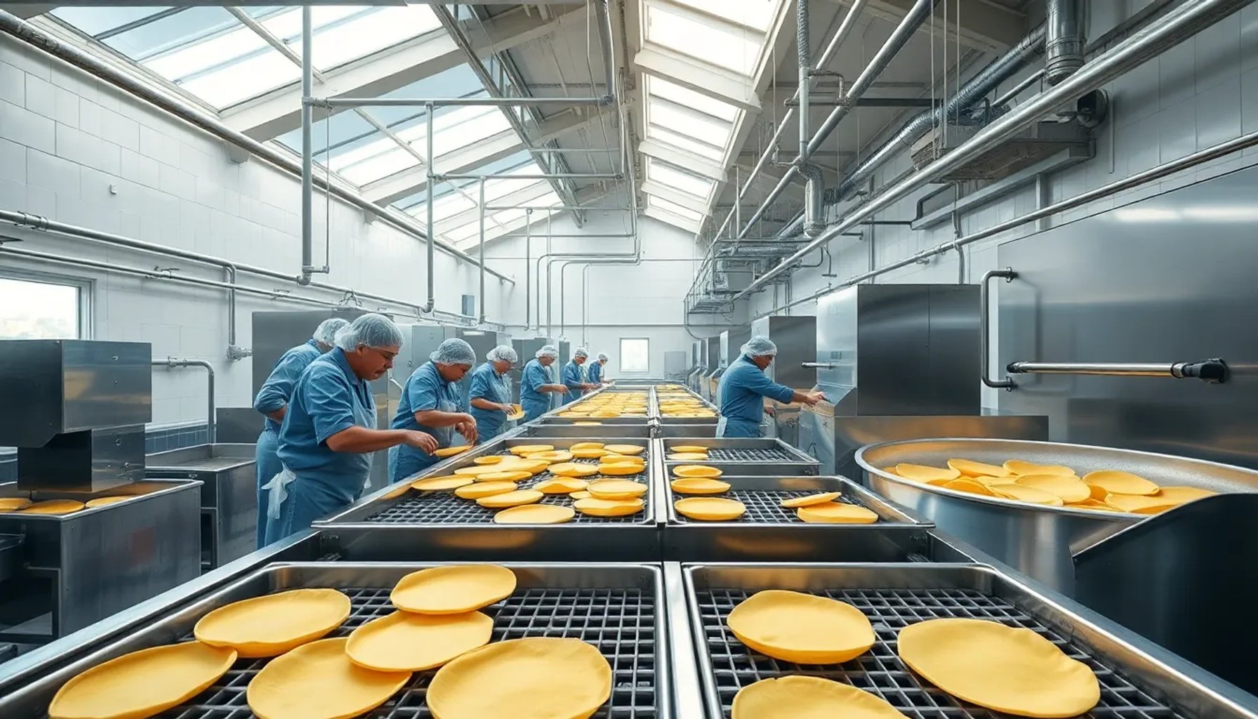 Interior de la fábrica de tortillas de patata de Mercadona en Navarra, mostrando líneas de producción y trabajadores