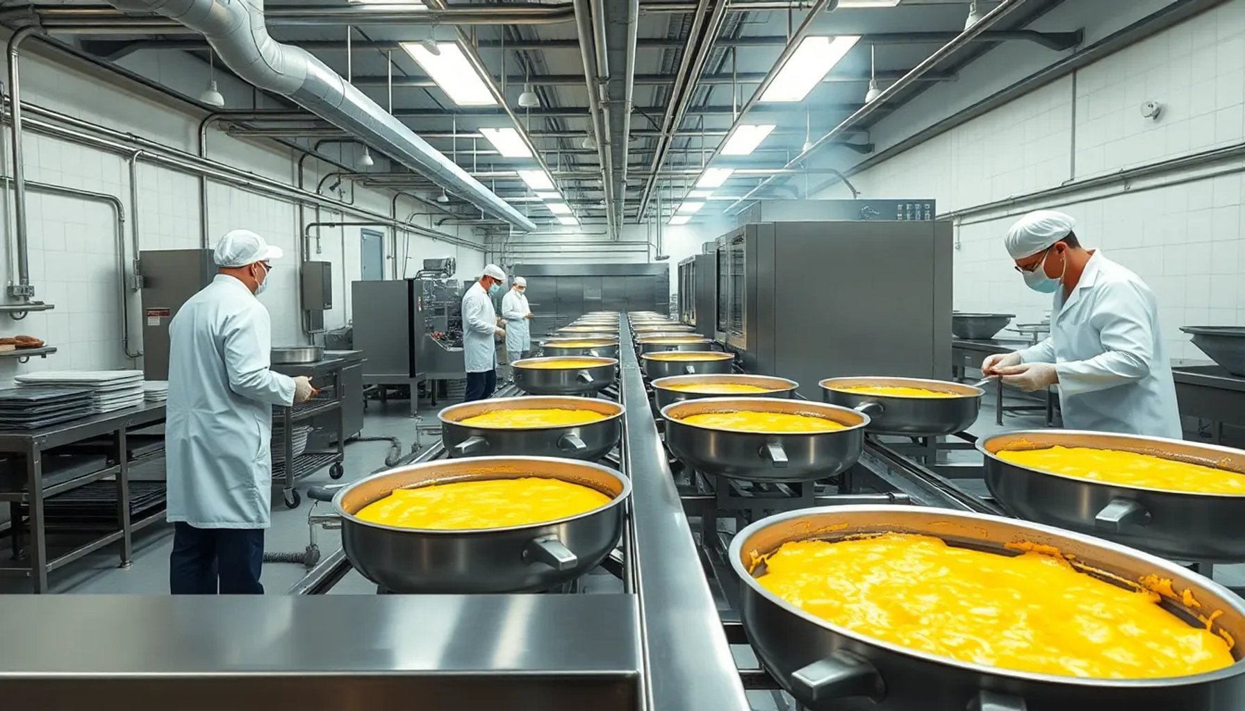 Interior de la fábrica de tortillas de patata de Mercadona en Navarra, con cintas transportadoras y chefs supervisando la producción