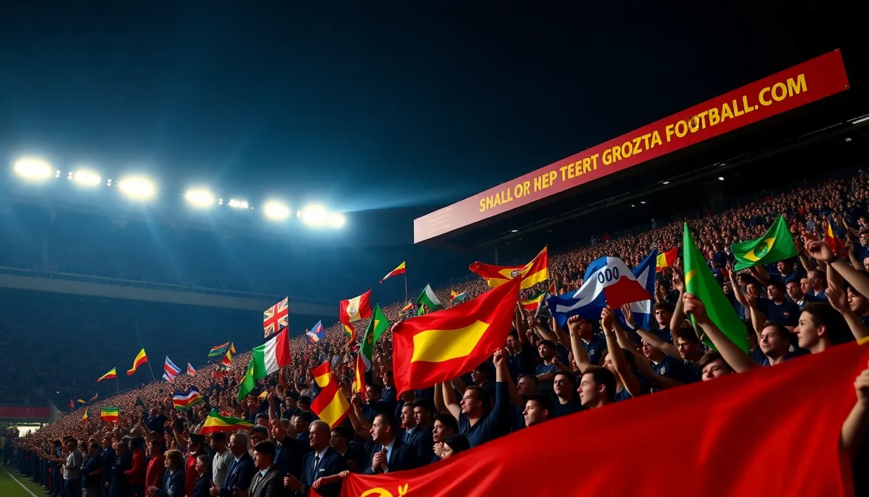 Aficionados de fútbol con banderas y pancartas frente a un estadio bajo luces nocturnas