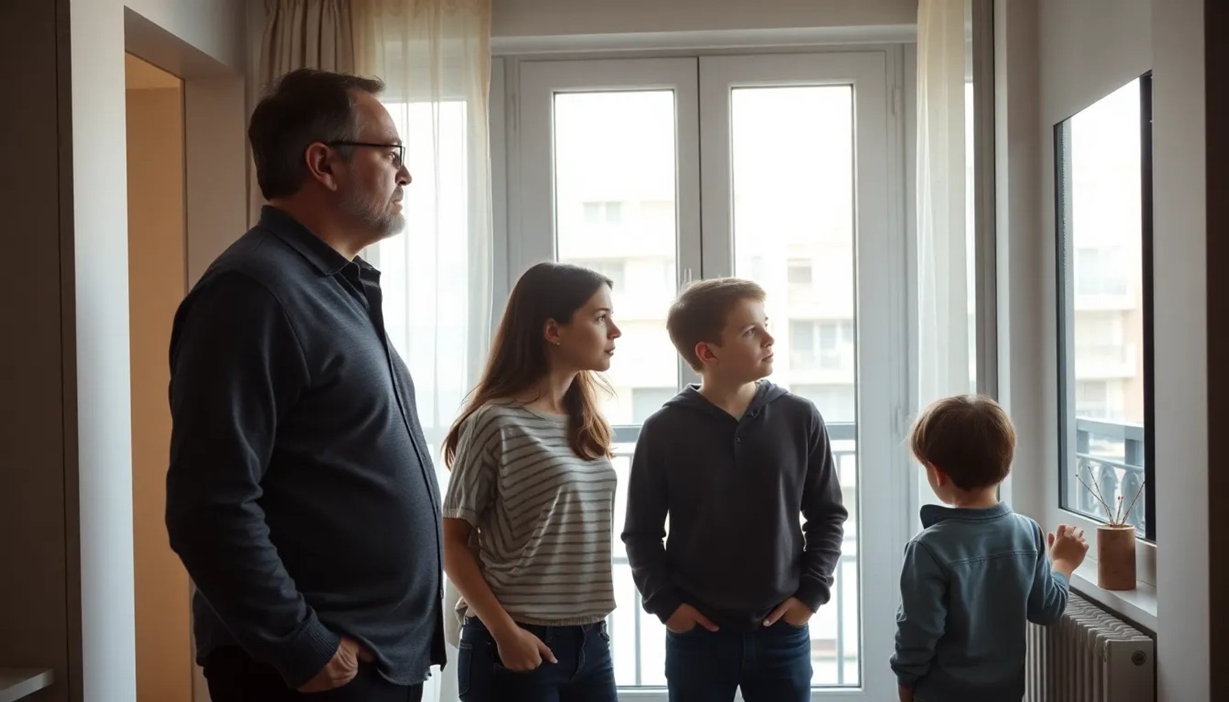 Adolfo y su familia mirando por la ventana de su apartamento vacío en Madrid, con expresión de preocupación