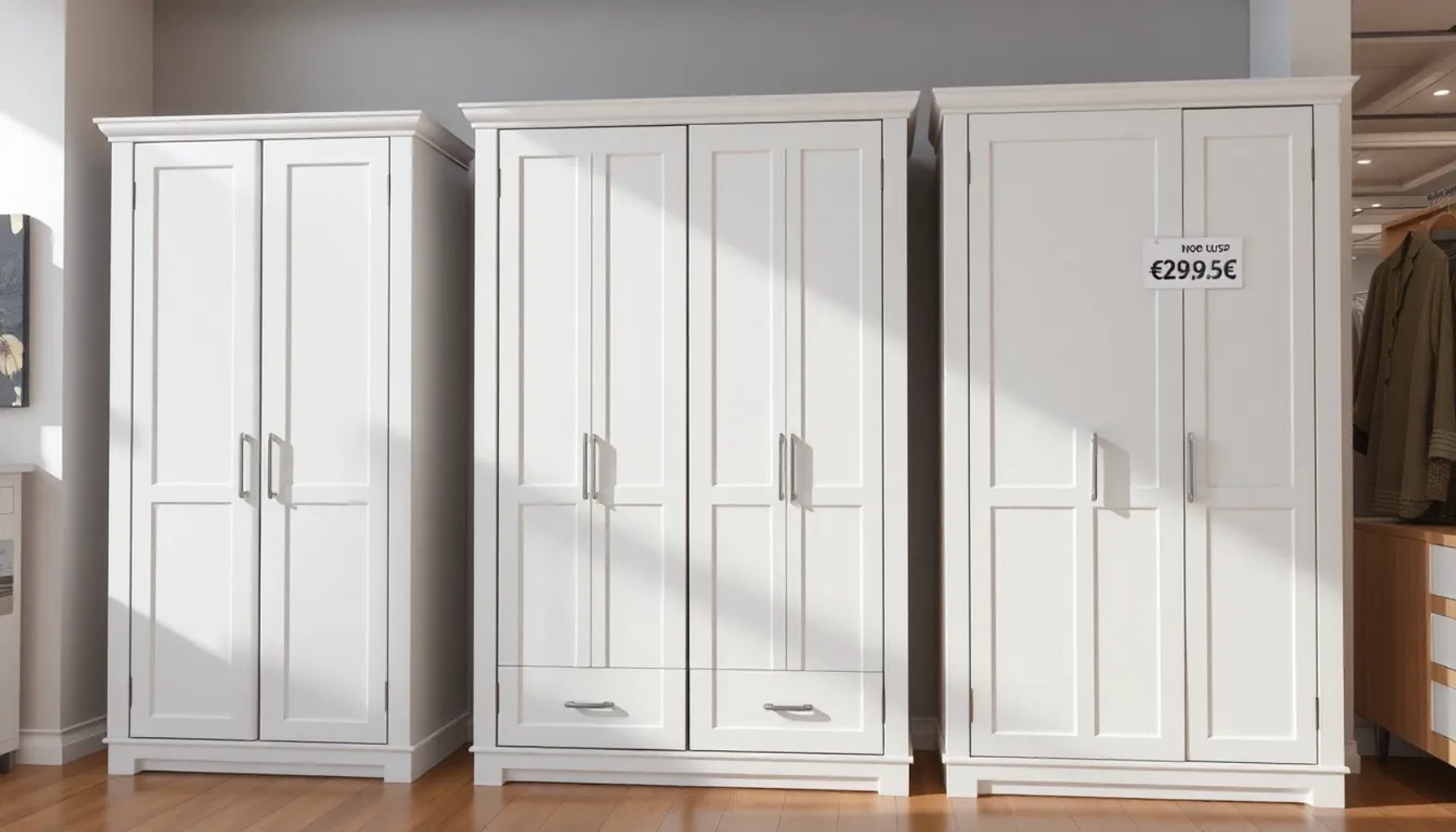 Armario aparador blanco con puertas de espejo, disponible en Action por 29,95 euros, muestra elegante y versátil en una tienda luminosa