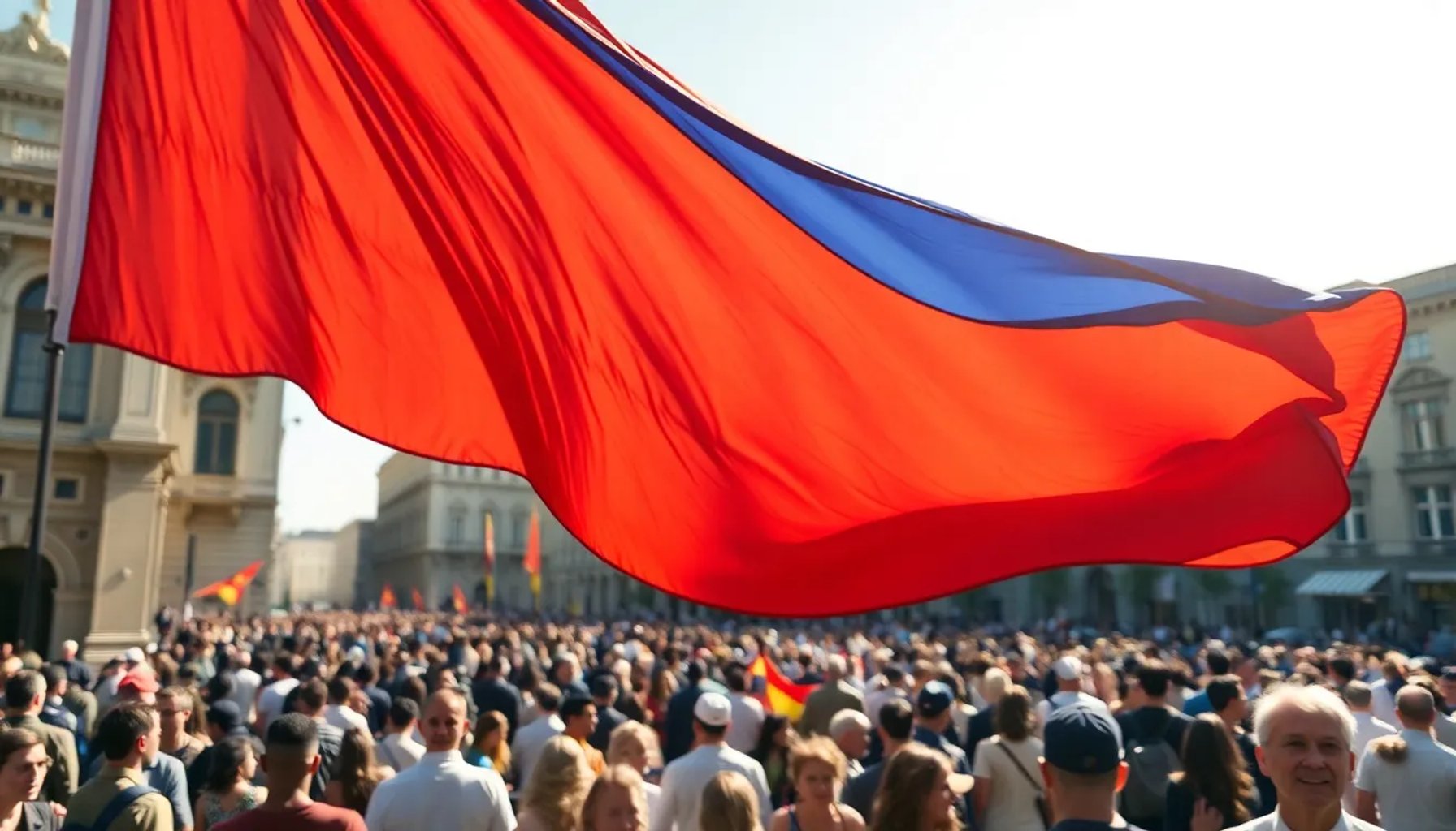 Bandera ondeando sobre una multitud, con colores vivos que simbolizan esperanza y unidad