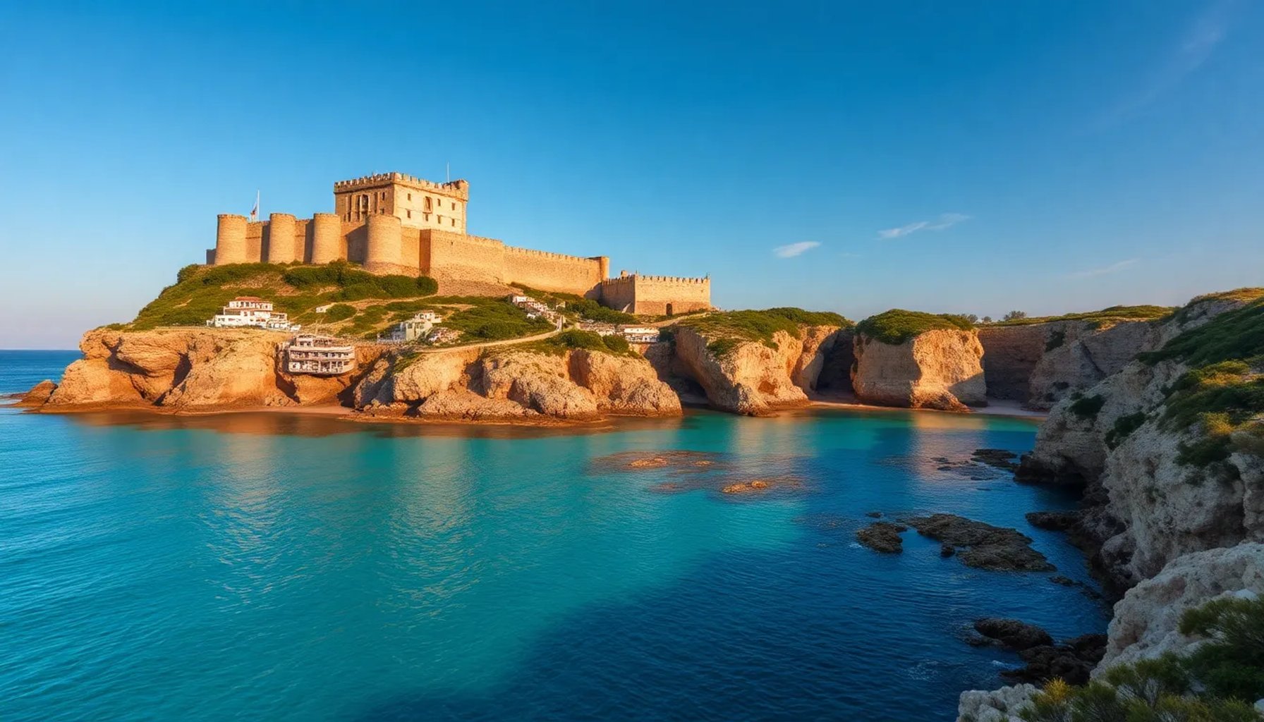 Vista panorámica del Castillo de Peñíscola sobre el mar con el litoral protegido del Parque Natural del Montgó al fondo