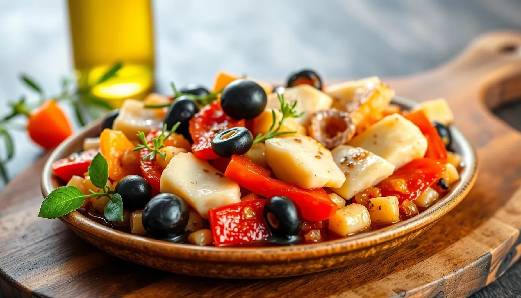 Plato tradicional valenciano de esgarraet con bacalao y pimientos sobre tabla de madera