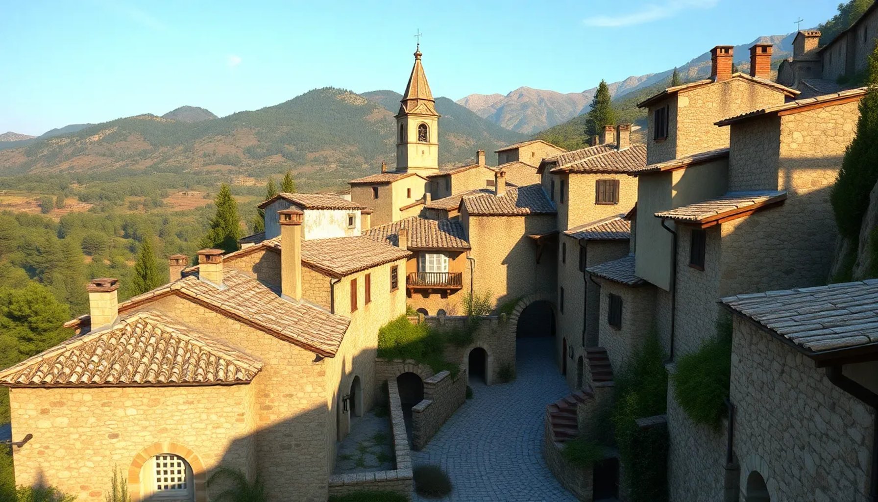 Vista panorámica de un pequeño pueblo medieval rodeado de bosques y montañas, con calles empedradas y casas de piedra