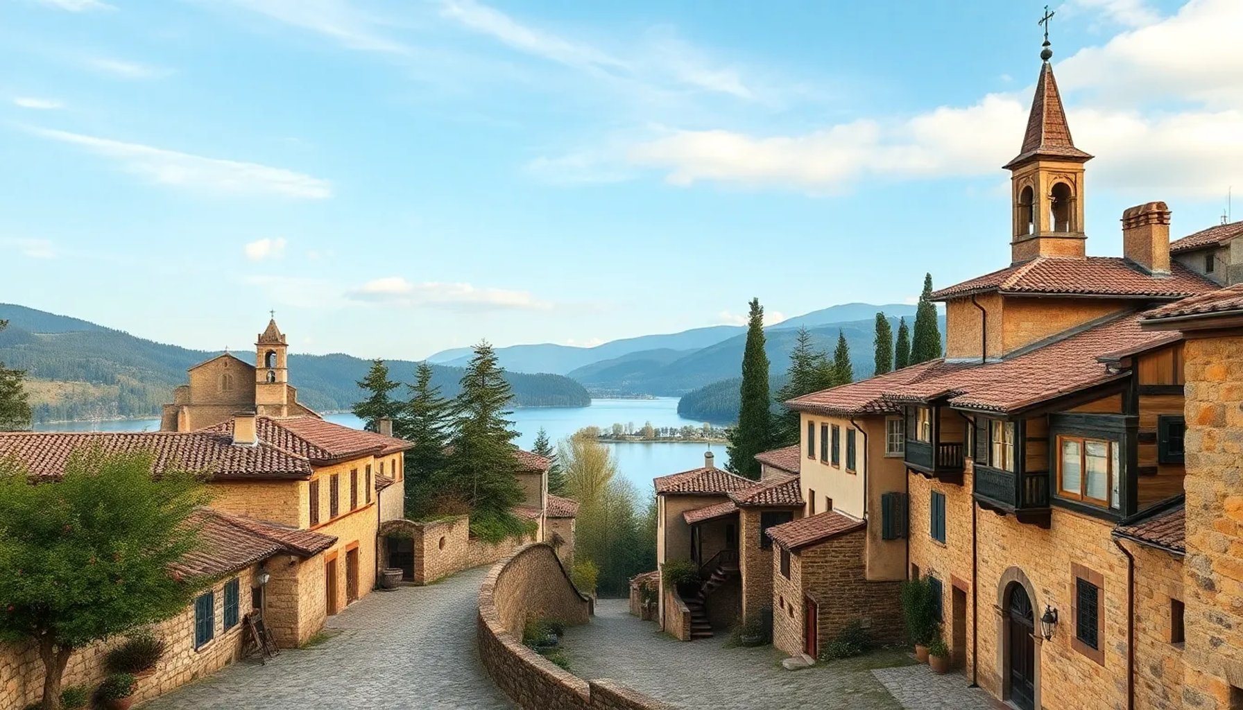 Pueblo medieval con calles empedradas y lago sereno a 15 minutos, bajo el cielo primaveral
