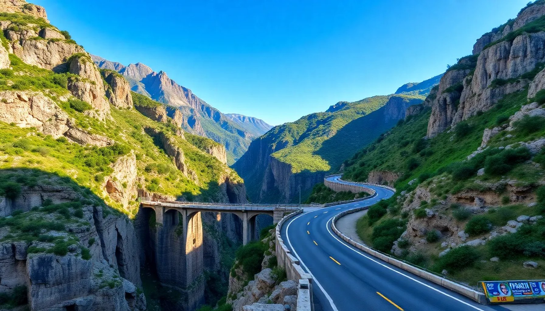 Vista panorámica de la carretera del norte de España serpenteando a través del desfiladero con montañas y vegetación
