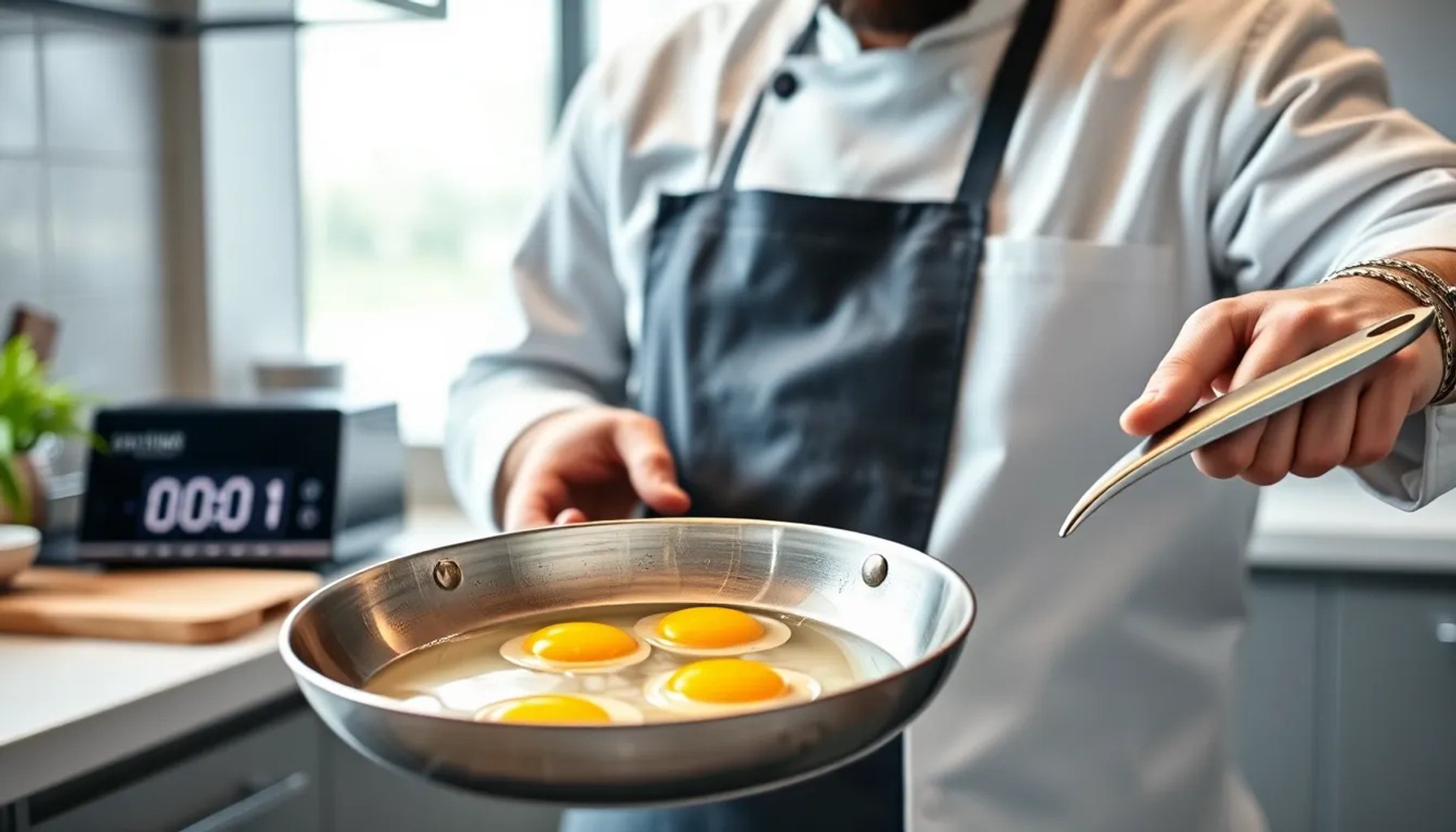 Chef José Andrés preparando huevos en una sartén de acero inoxidable, con un cronómetro marcando un minuto