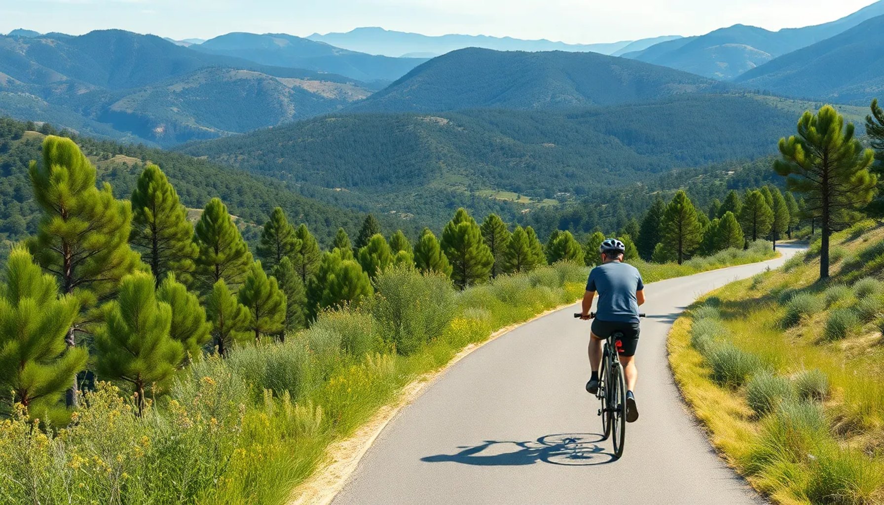 Ciclista cruzando el bosque de la Vía Verde Sierra de Segura rumbo a Alcaraz
