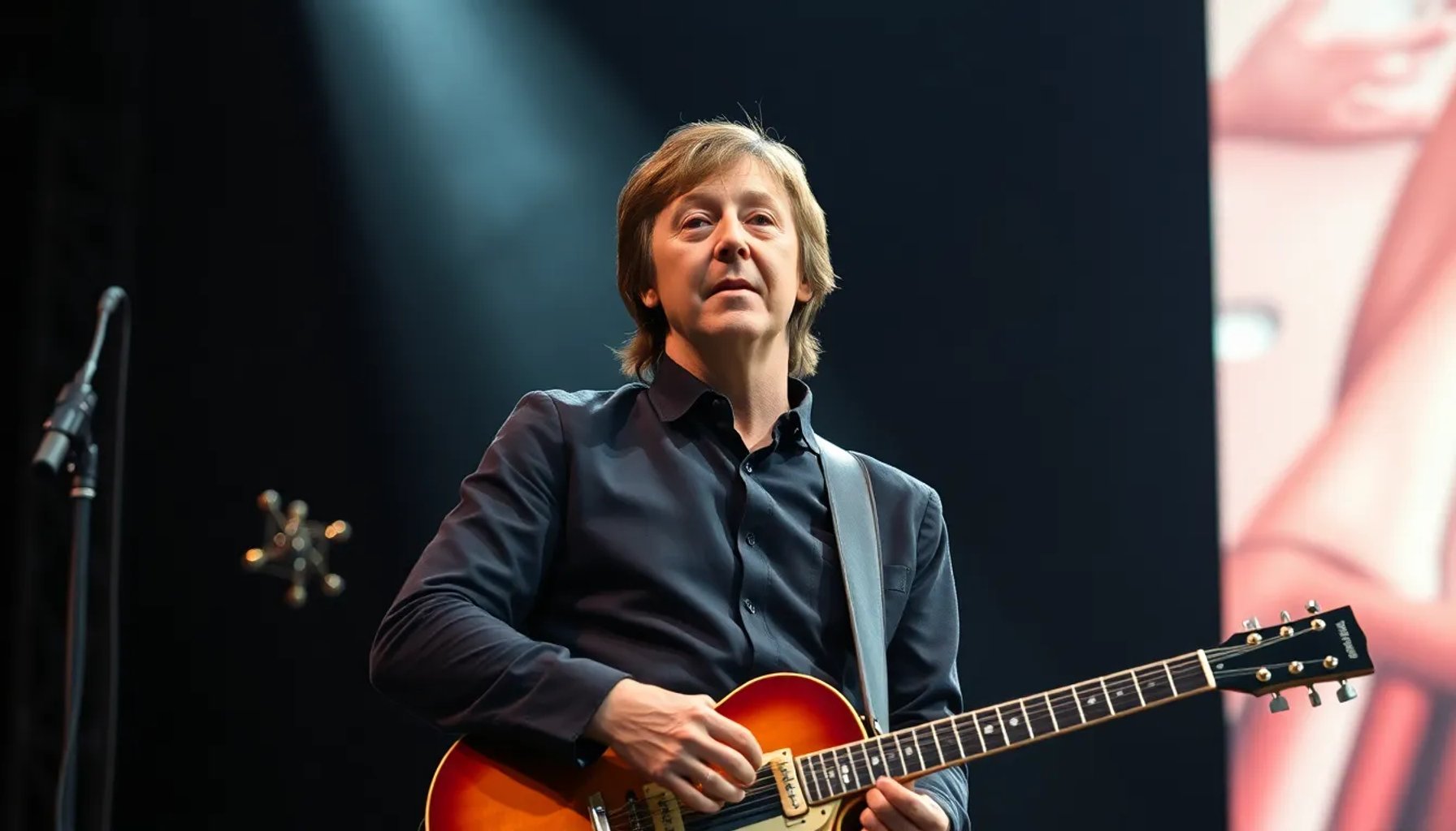 Paul McCartney en concierto con guitarra eléctrica, iluminado por luces de escenario, estilo foto realista
