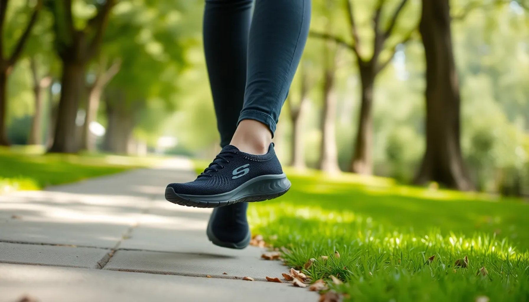 Mujer caminando en un parque con zapatillas Skechers de diseño moderno y suela ligera