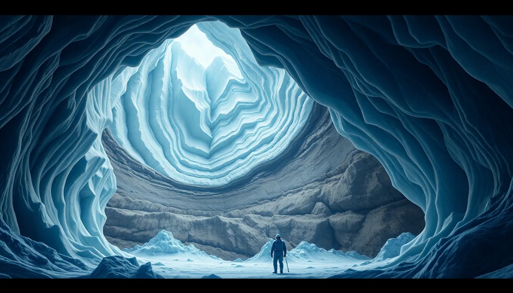 Vista subglacial de la estructura en forma de abanico descubierta a 3.000 metros bajo el hielo antártico