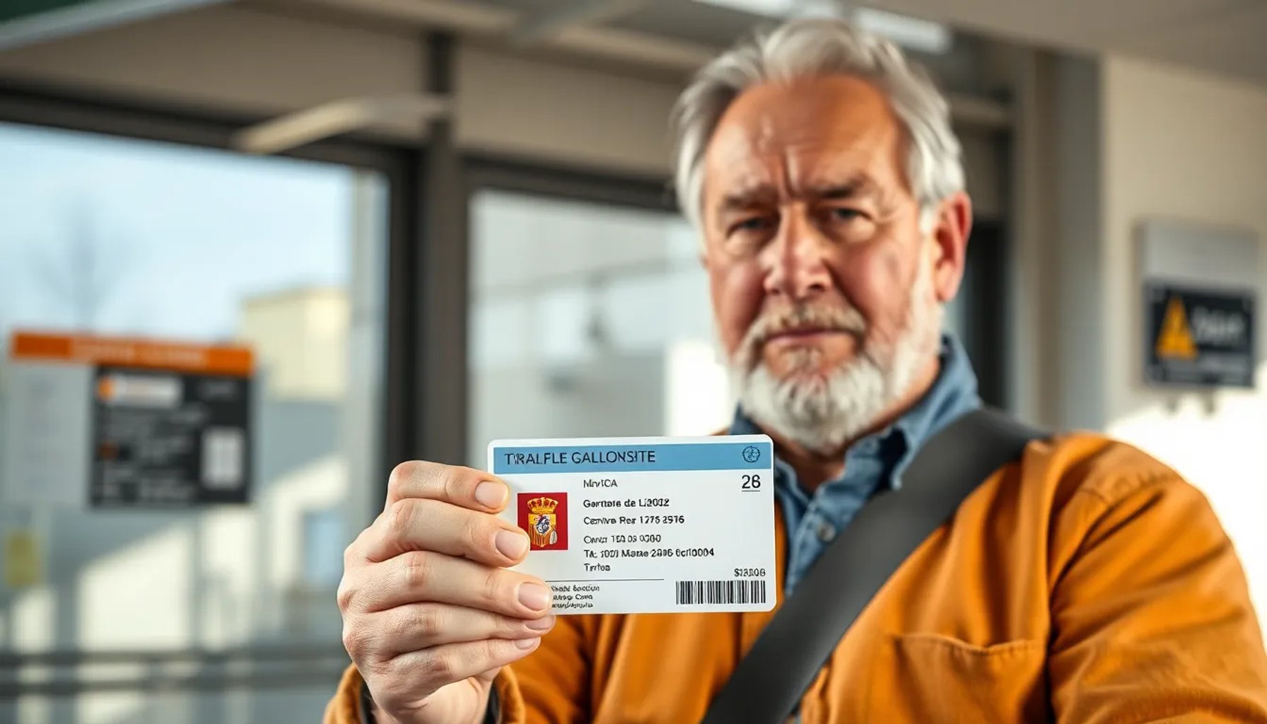 Conductor mayor revisando su nuevo permiso de conducir con chip electrónico en una oficina de la DGT