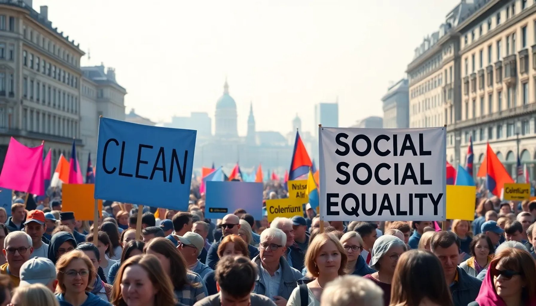 Manifestantes diversos en una ciudad europea sosteniendo pancartas por aire limpio y justicia social