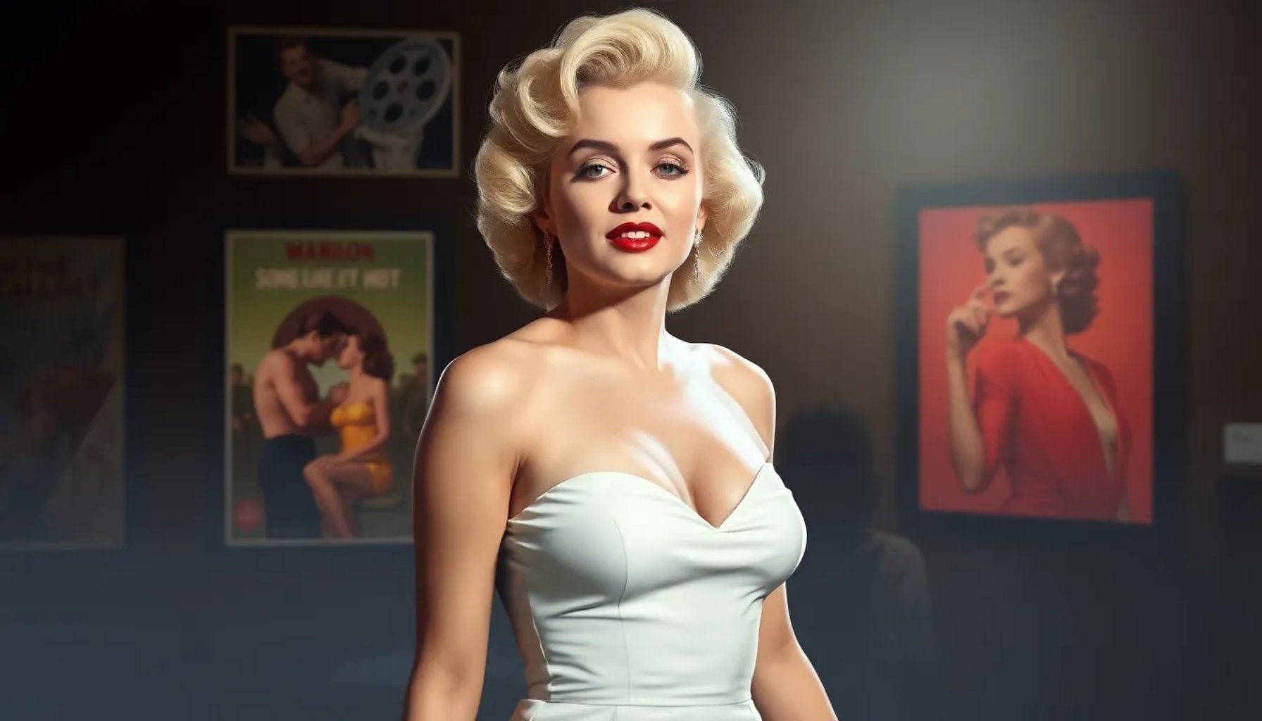 Marilyn Monroe posando con su icónico vestido blanco, rodeada de imágenes de sus películas más famosas