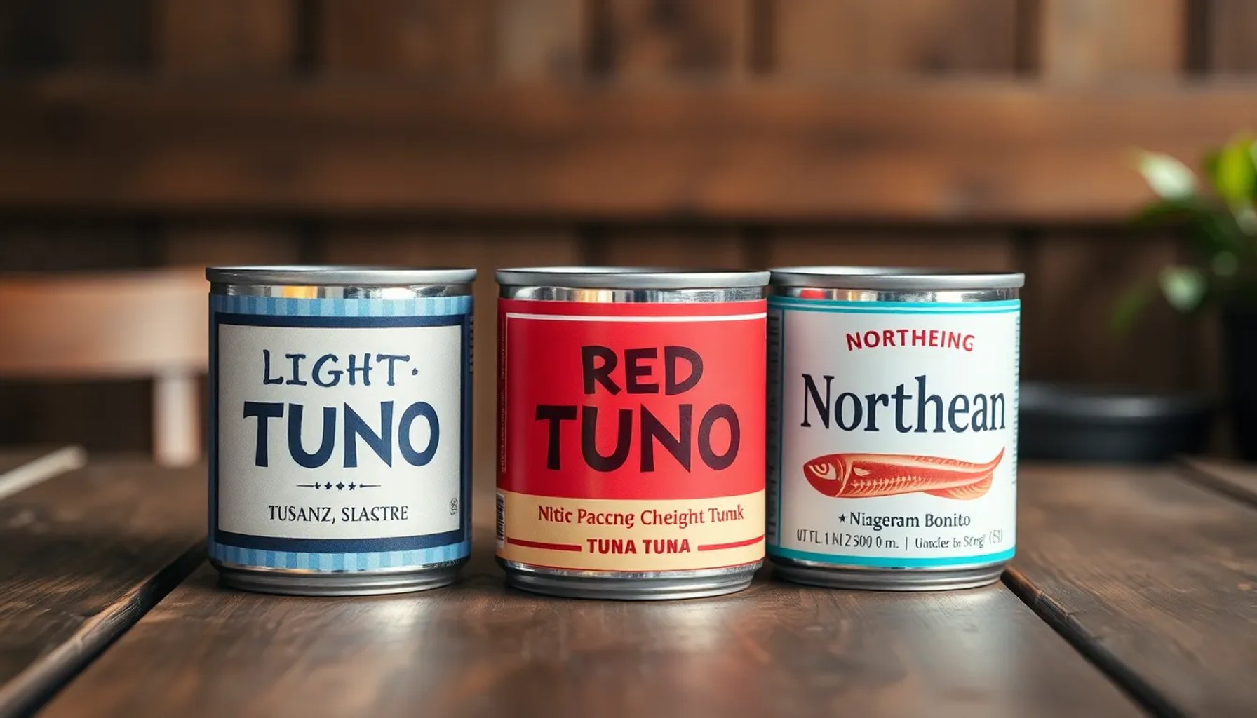 Latas de atún claro, atún rojo y bonito del norte alineadas sobre una tabla de madera