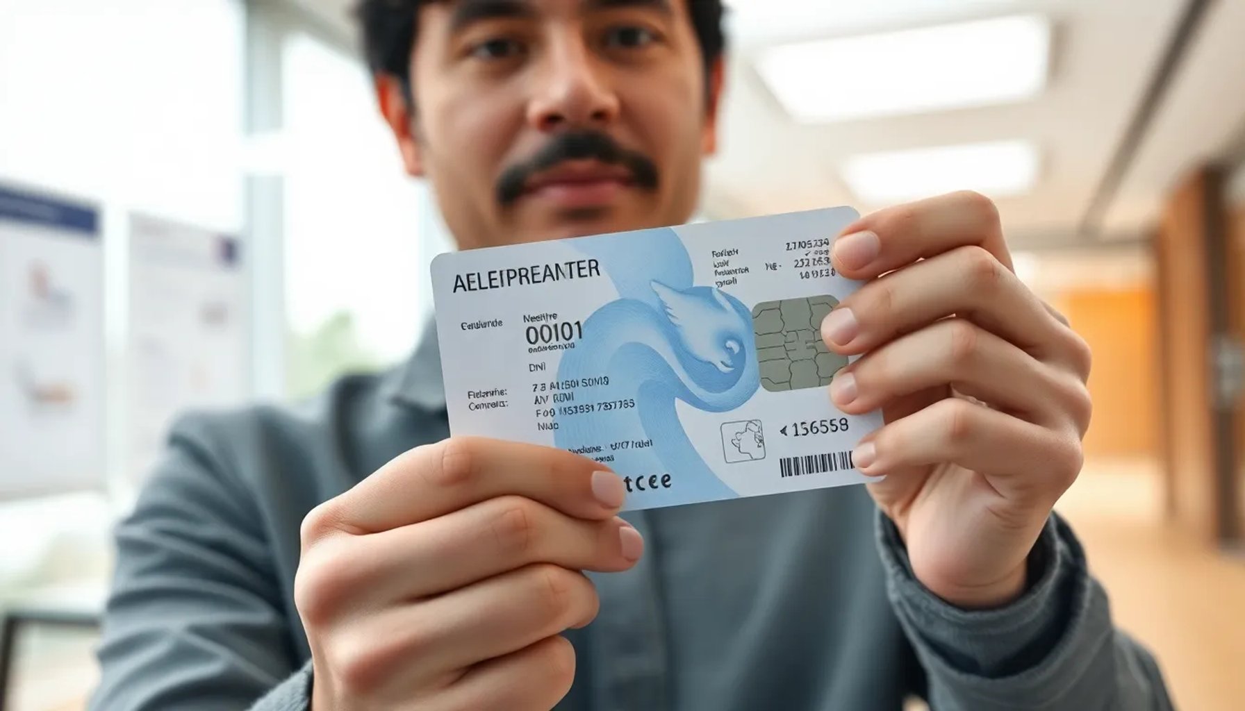 Persona mostrando su DNI electrónico con chip en una oficina de trámites