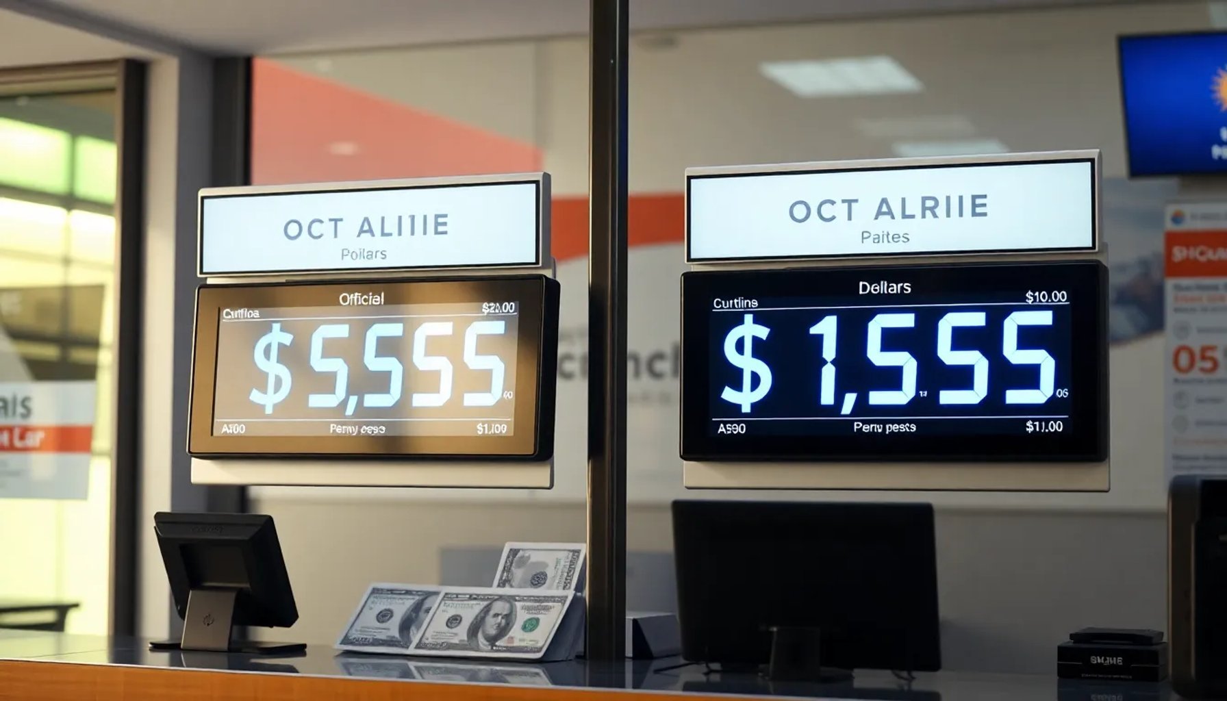 Pantalla mostrando la cotización del dólar oficial y el dólar blue en una casa de cambio