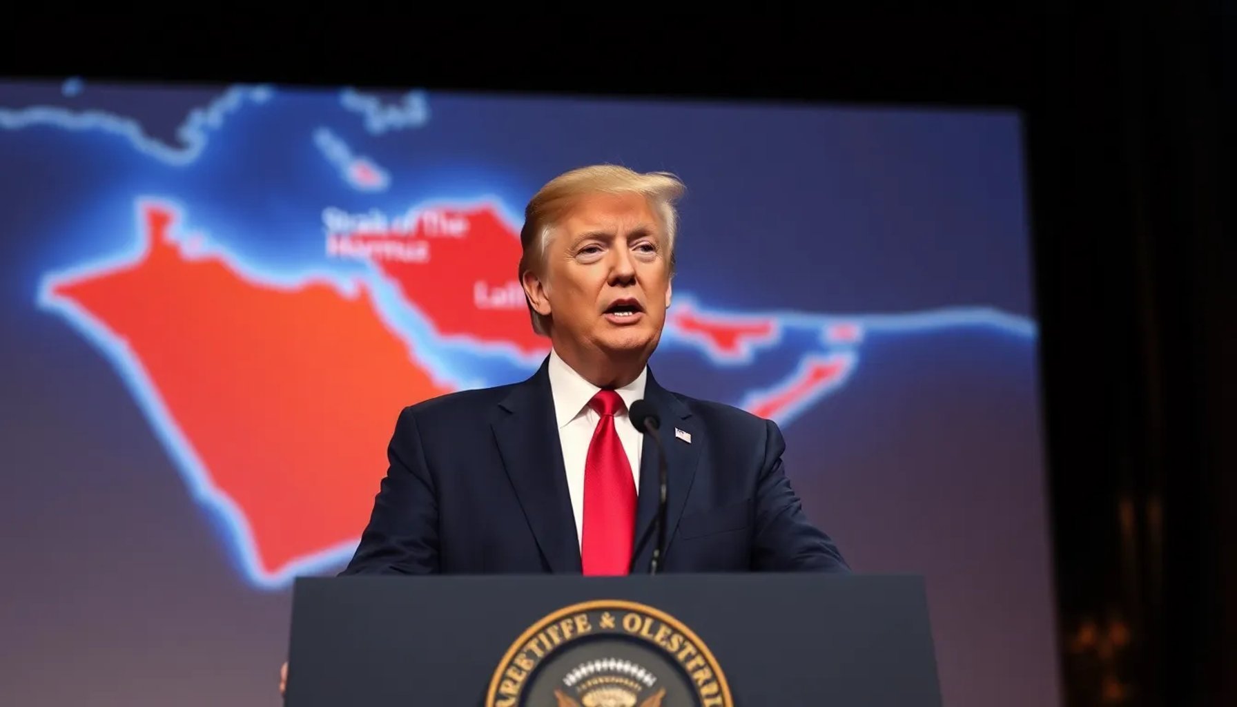 Donald Trump en una conferencia de prensa señalando el ataque iraní al buque en el Estrecho de Ormuz