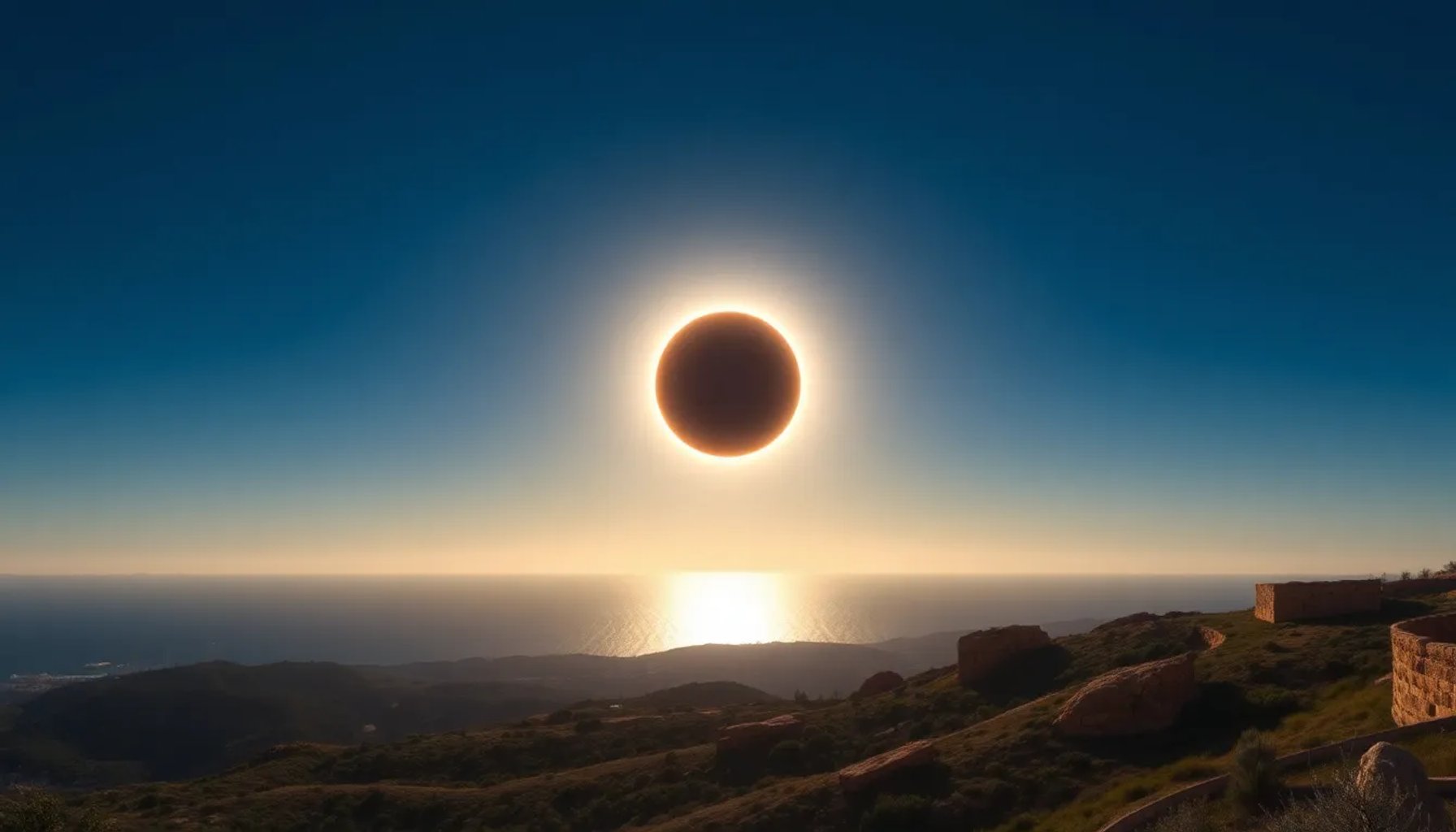 Mapa de España mostrando la trayectoria y zonas de visibilidad del eclipse total del 12 de agosto 2026
