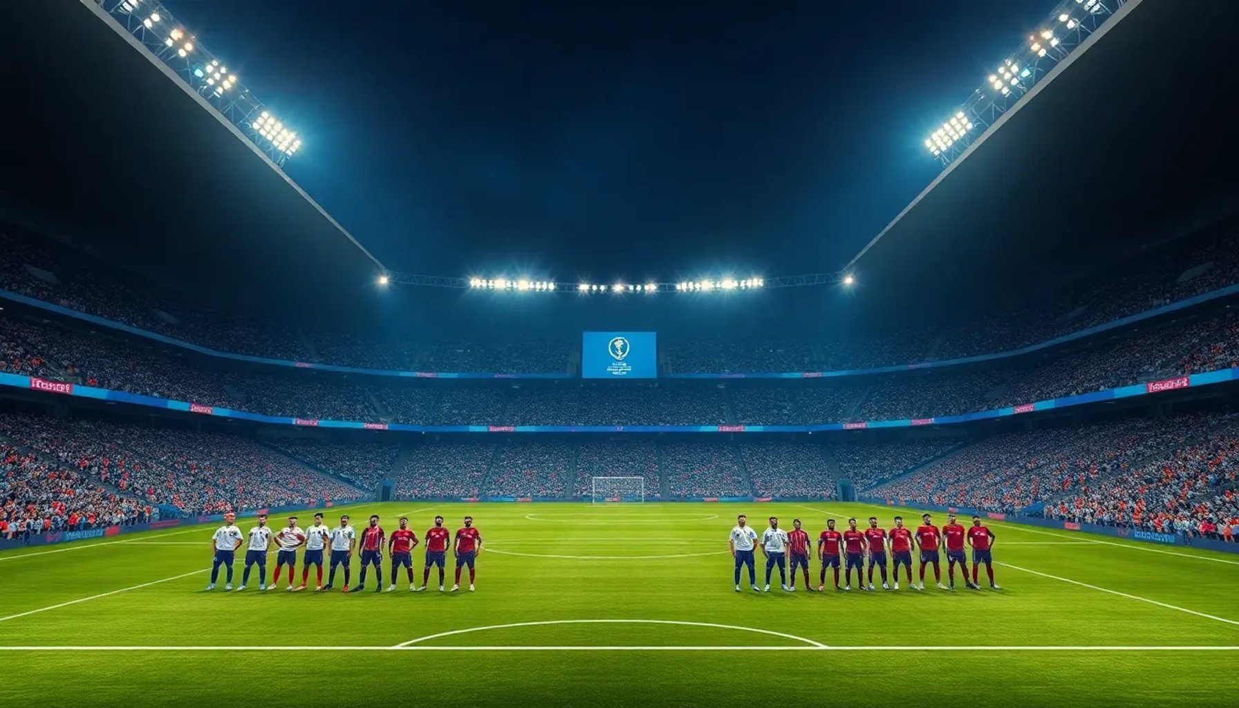 Francia e Irak se enfrentan en el estadio del Mundial 2026 bajo luces nocturnas, con jugadores en acción.