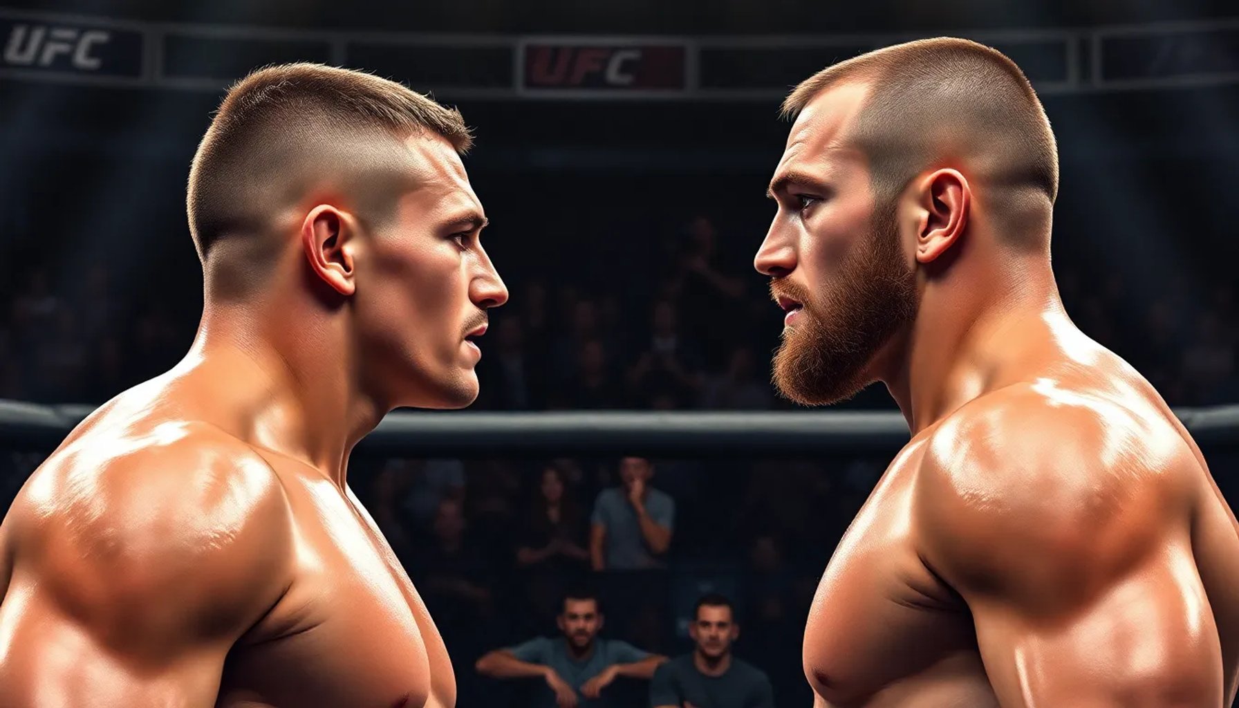Ilia Topuria y Justin Gaethje enfrentándose dentro del octágono durante la pelea de UFC