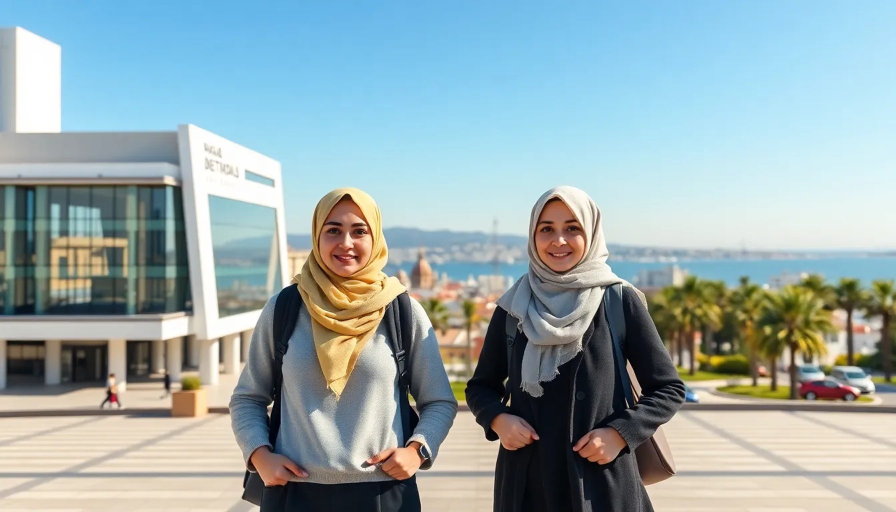 Dos hermanas de Gaza con mochilas frente al edificio universitario de Valencia, bajo un cielo azul