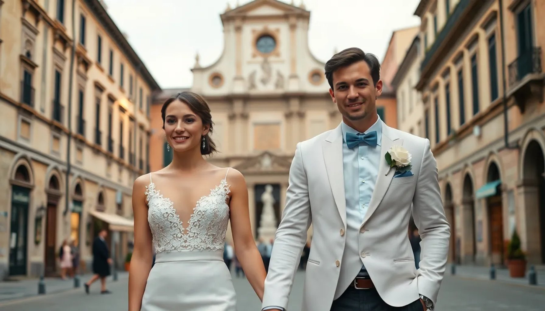 Dua Lipa y Callum Turner posando frente a la Piazza San Marco en Venecia durante su boda